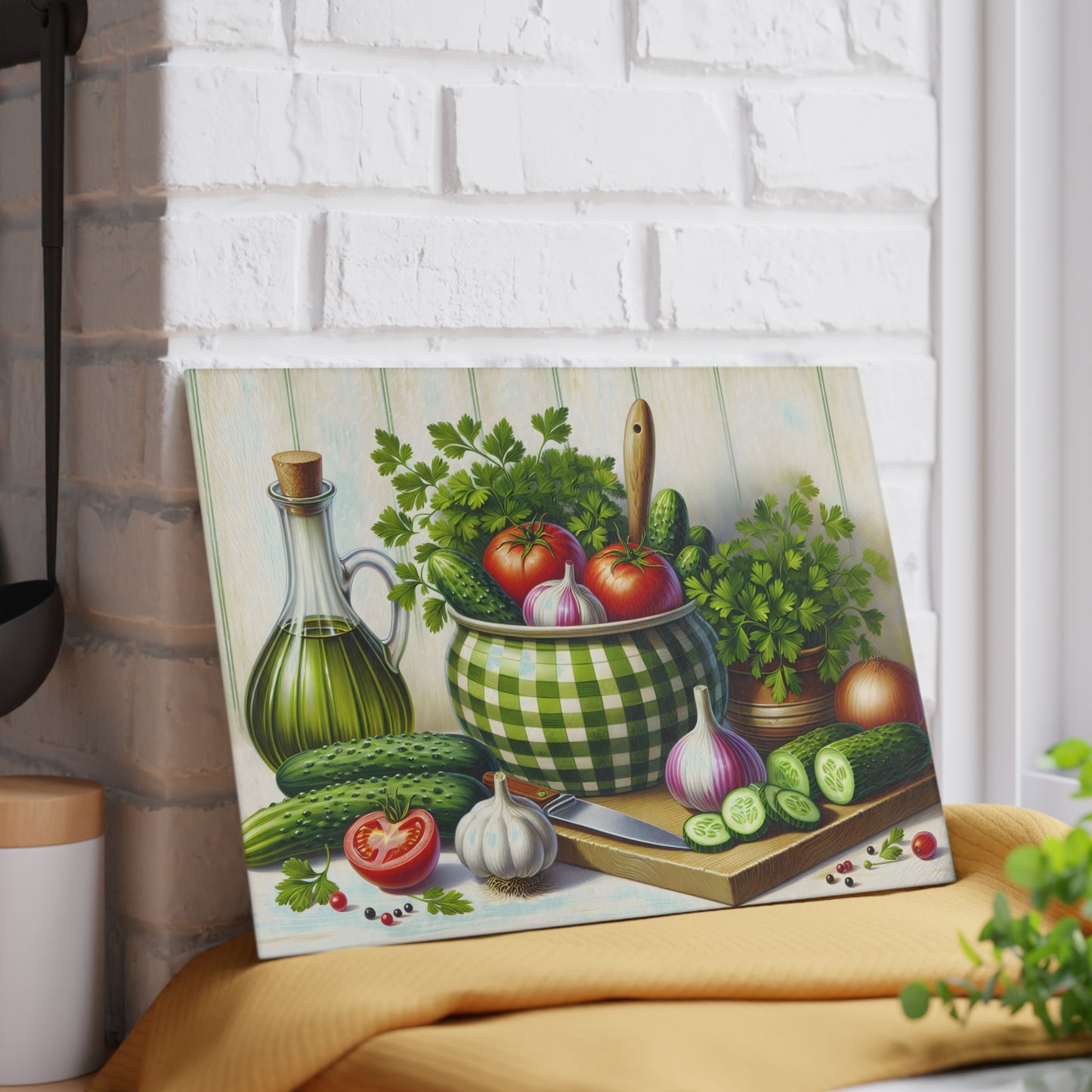 Tabla de cortar pepinos y tomates frescos de granja: un encanto campestre para tu cocina