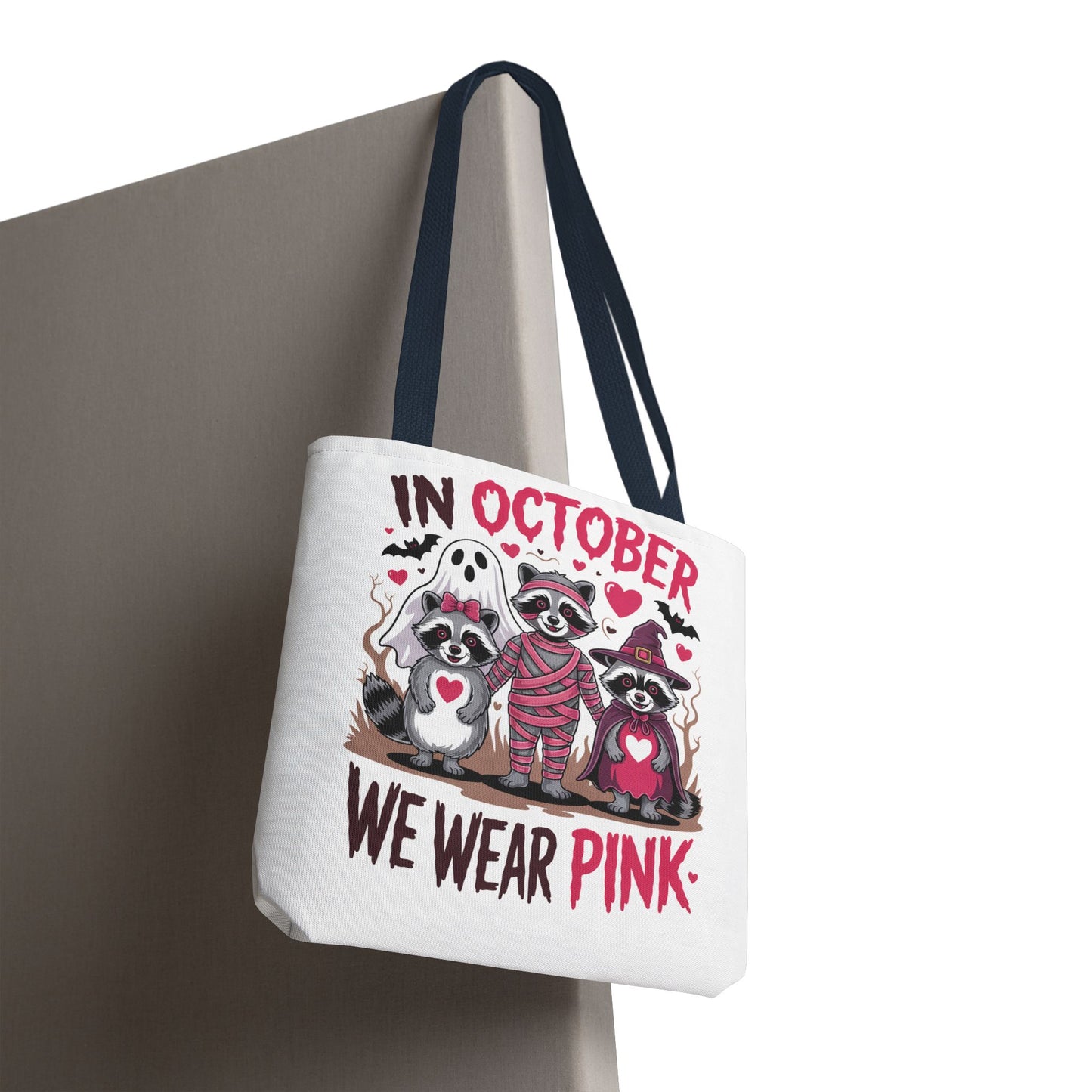 🎀 In October We Wear Pink Raccoon Halloween Tote Bag – Spooky Cute Awareness Style 🦝👜