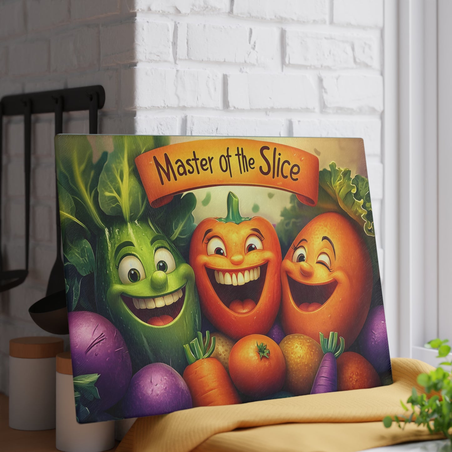 Tabla de cortar de vidrio “Maestra del Corte” – Humor de cocina de verduras que ríen 😄🍅