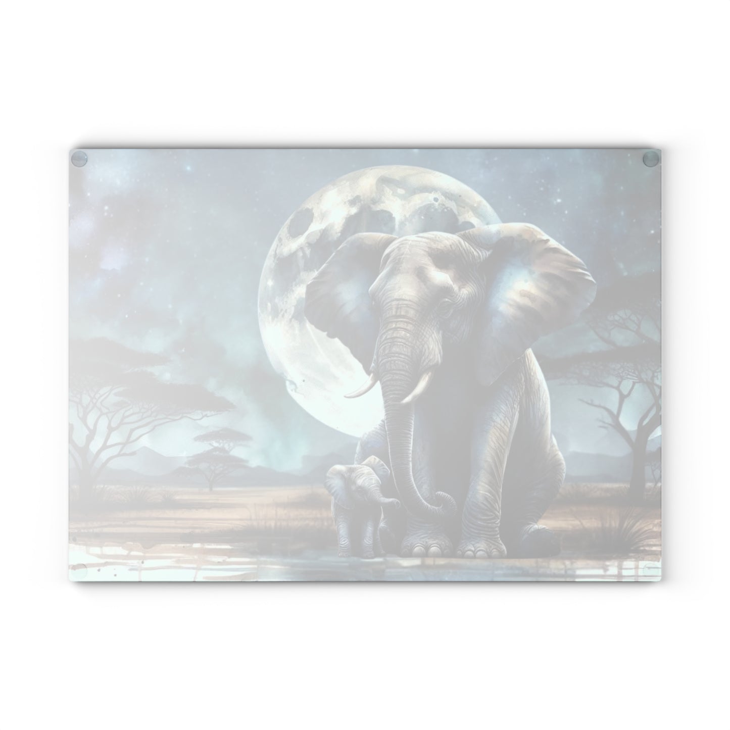 Tabla de cortar de vidrio con forma de mamá y bebé elefante, con una luna llena brillante detrás de ellos