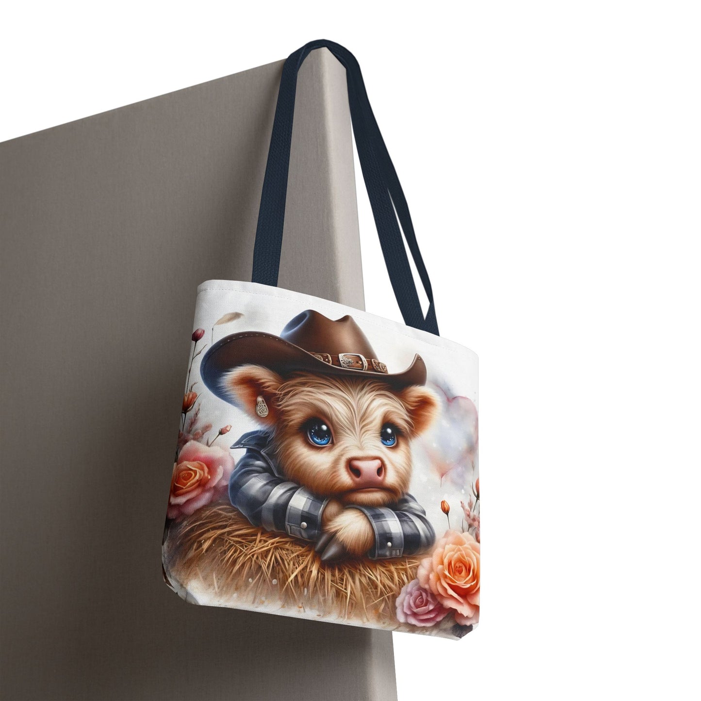 Bolsa de tela con diseño de vaca de las Tierras Altas y sombrero de vaquero: bolsa de tela con estampado floral de estilo rústico del oeste, ideal como regalo para los amantes de las vacas.
