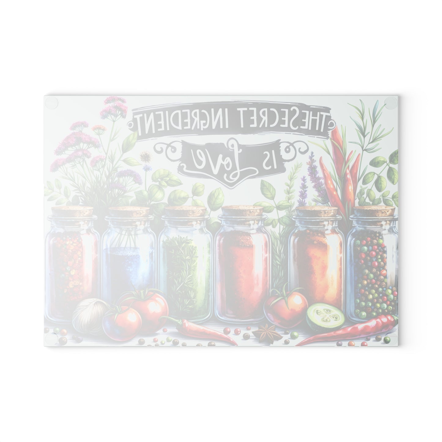 🌿 The Secret Ingredient Is Love Cutting Board – Colorful Herbs & Spices with Farmhouse Charm 🍅💚