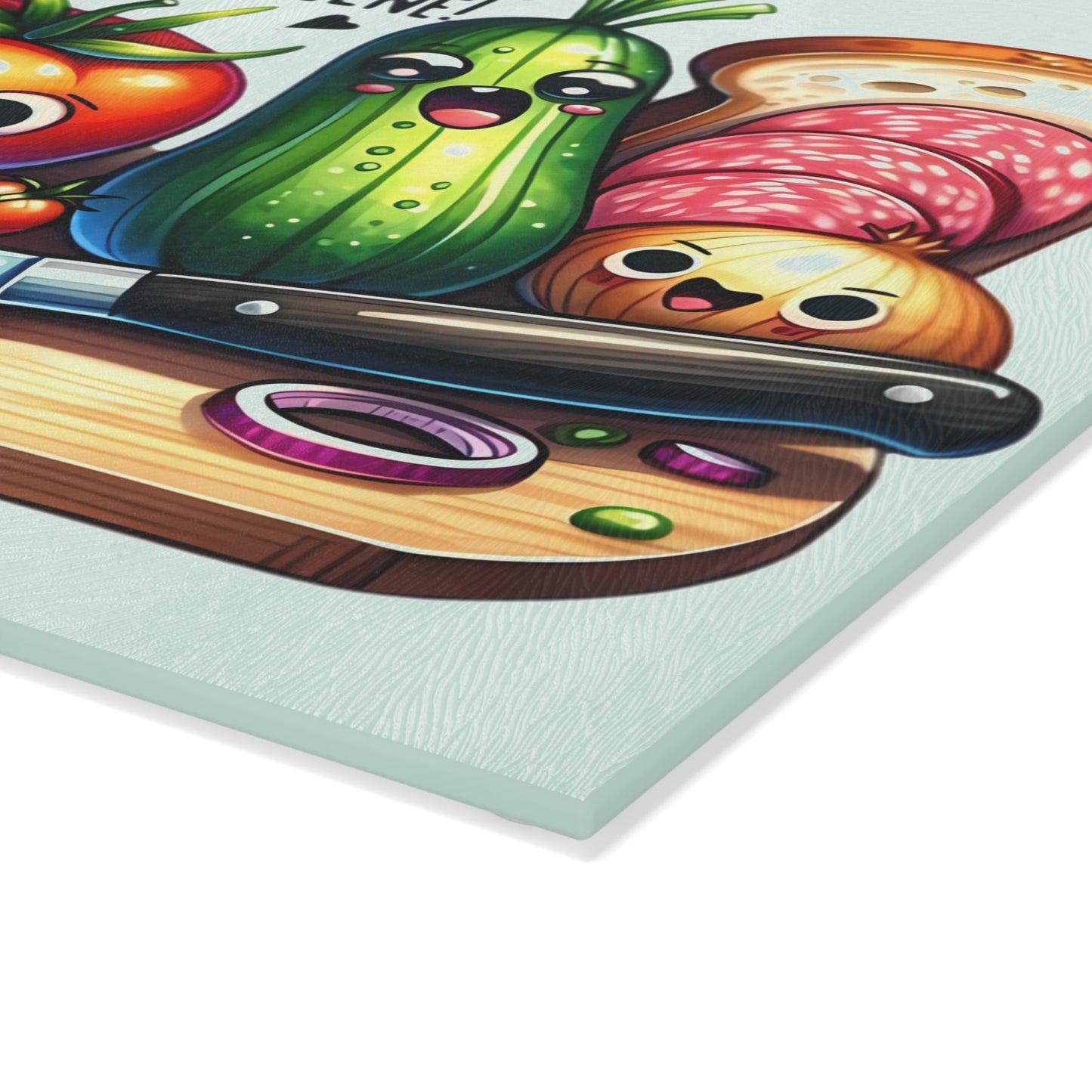 Tabla de cortar de vidrio con temática de escena del crimen en la cocina: verduras, pan y salami que gritan, decoración divertida para la cocina