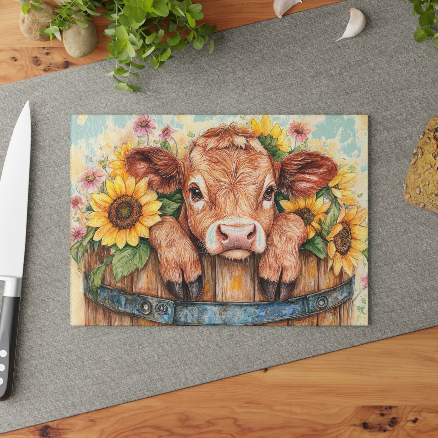 🐮🌻 Sunflower Calf Cutting Board – Rustic Farmhouse Beauty for Your Kitchen 🌼