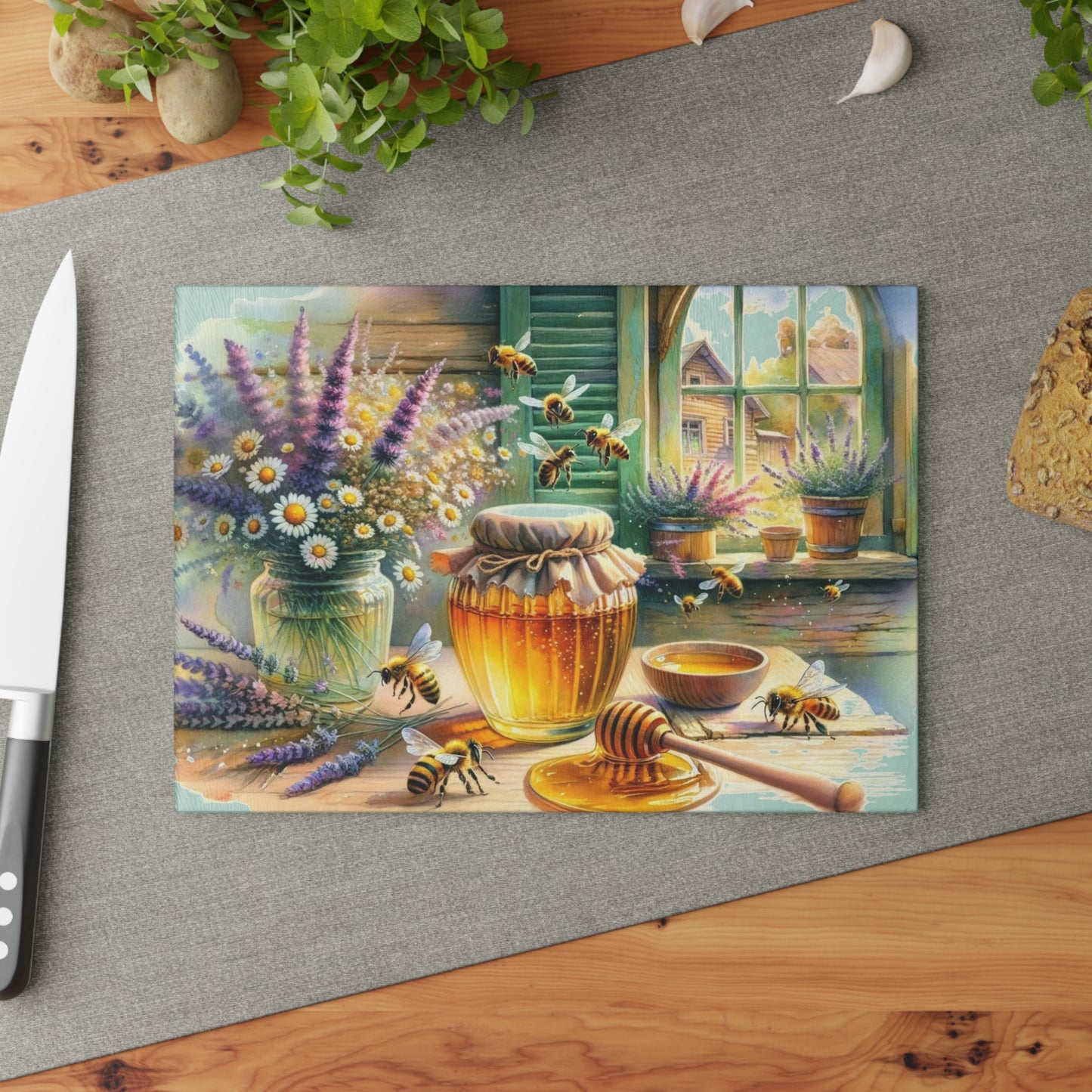 🍯🌼 “Honey & Wildflowers” Glass Cutting Board – Cozy Cottage Charm for Your Kitchen
