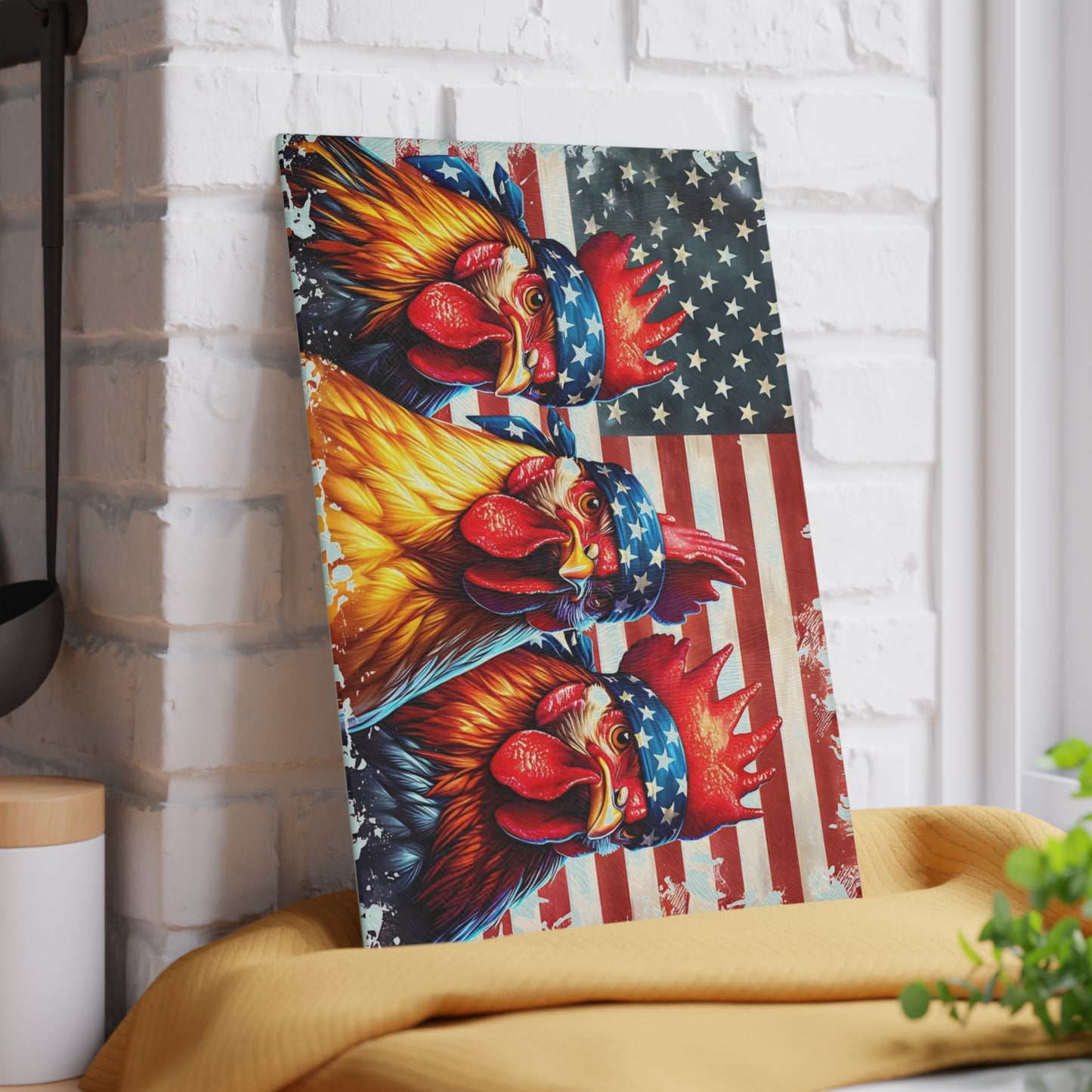 🐓🇺🇸 Patriotic Rooster Bandana Cutting Board – Bold Farmhouse Americana Kitchen Décor 🌾✨