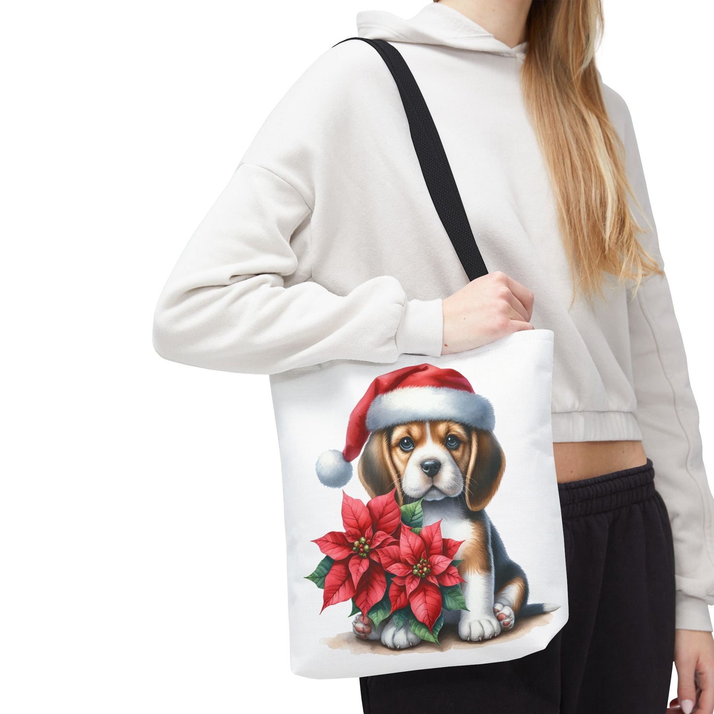 🐶 Beagle Puppy & Poinsettia Christmas Tote Bag – Sweet Holiday Charm in Every Step 🎄