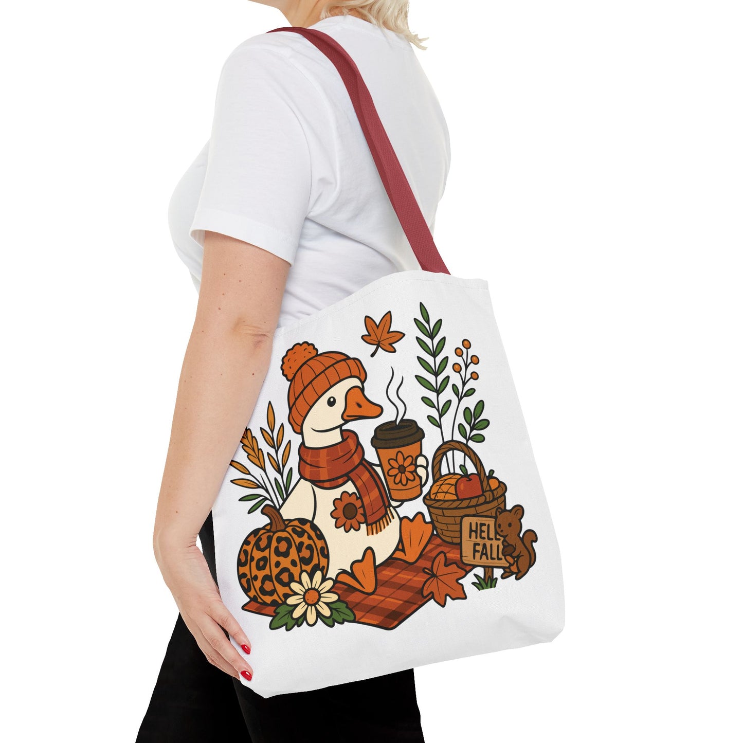 🧣 Hello Fall Cozy Duck Tote Bag – A Quirky Autumn Hug in a Bag 🍂🦆