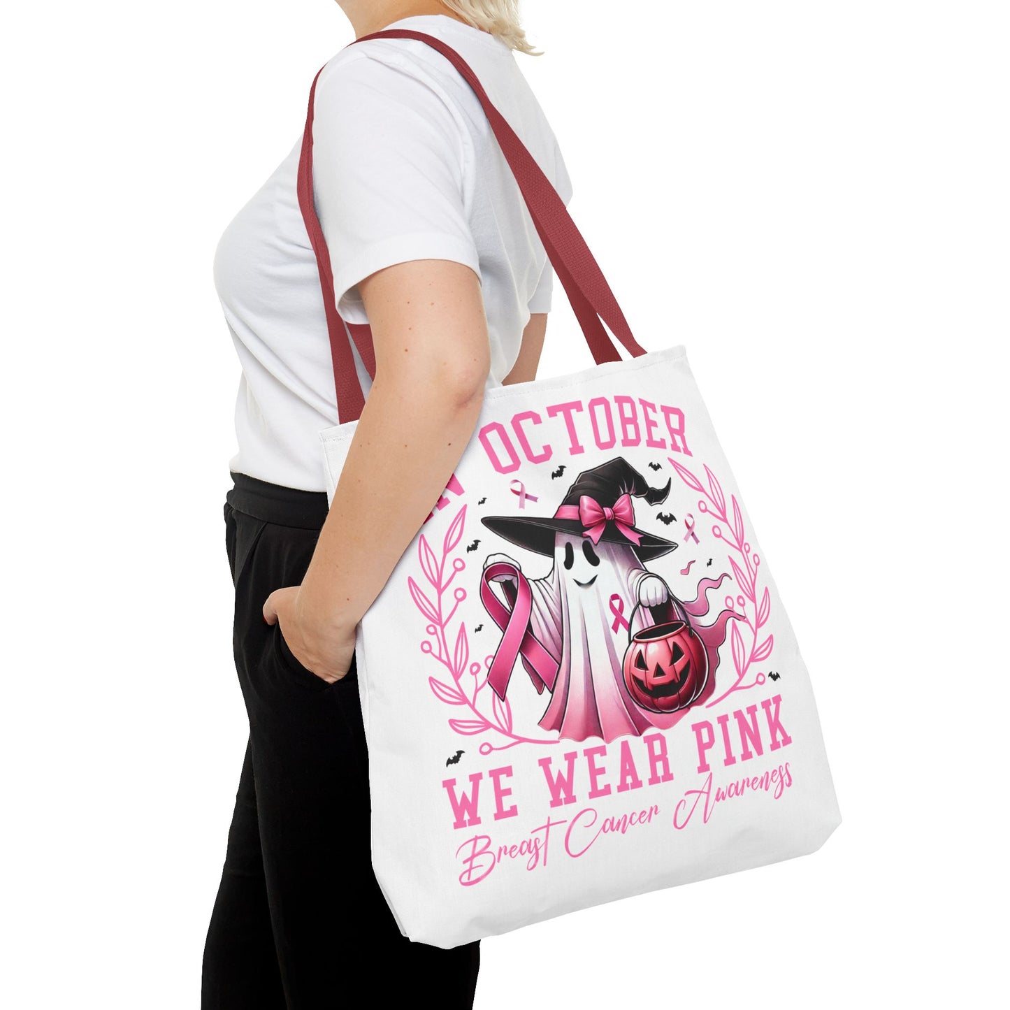 🎀 In October We Wear Pink Tote Bag – Breast Cancer Awareness with Spooky Charm 🎃
