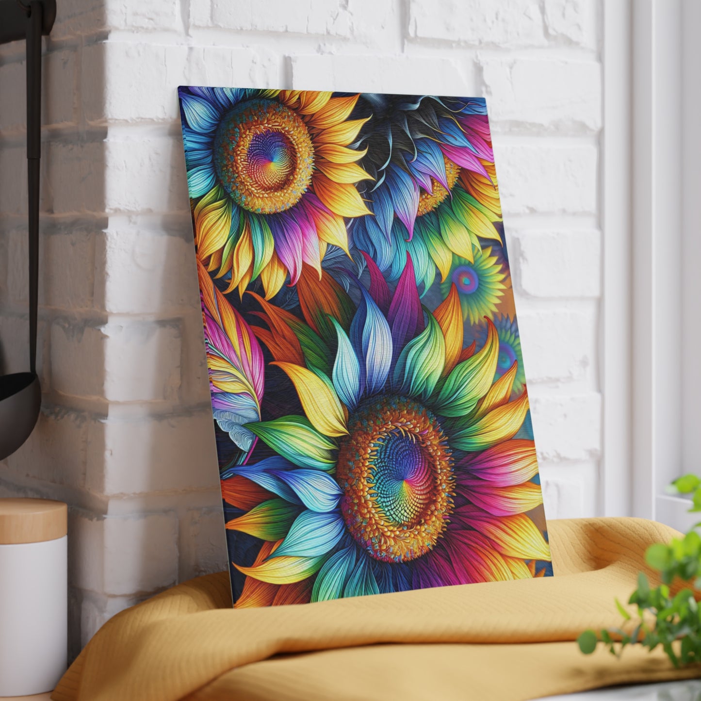 Rainbow Sunflower Glass Cutting Board – Colorful Farmhouse Kitchen Decor
