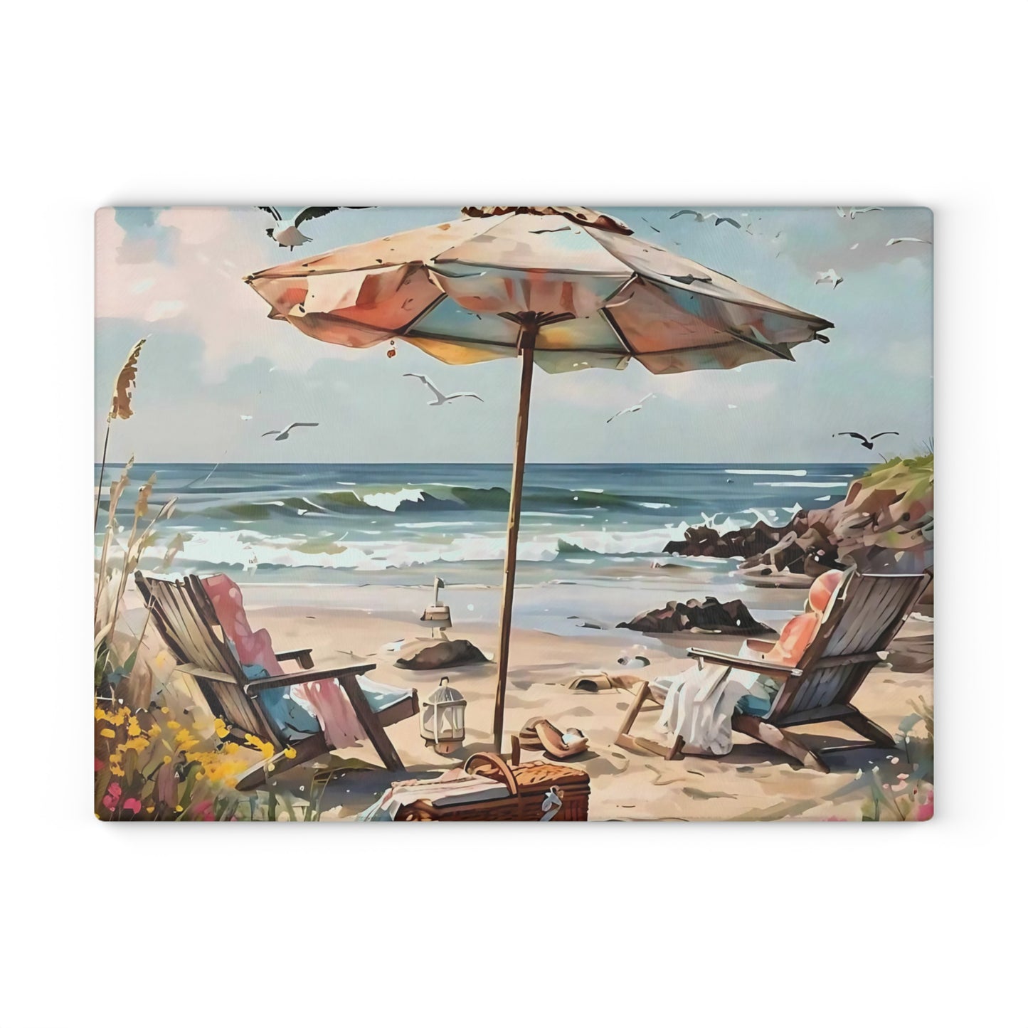 Beach Cutting Board, Coastal Decor, Ocean Art, Beach Gift, Glass Cutting Board, Tropical Kitchen Decor, Hand-Painted Look, Beach Scene