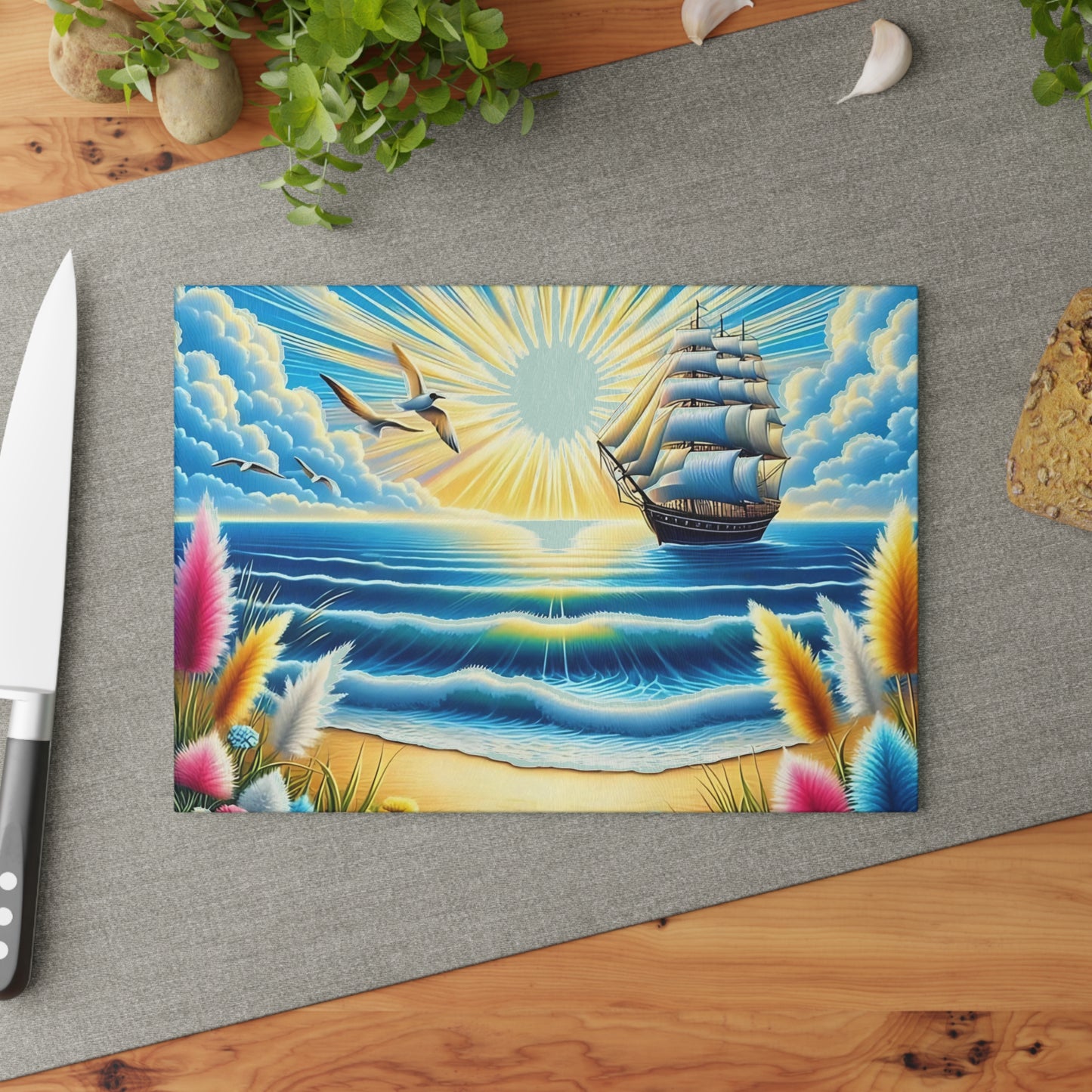 Tabla de cortar con un vibrante atardecer en el océano: decoración náutica de vidrio para cocinas costeras