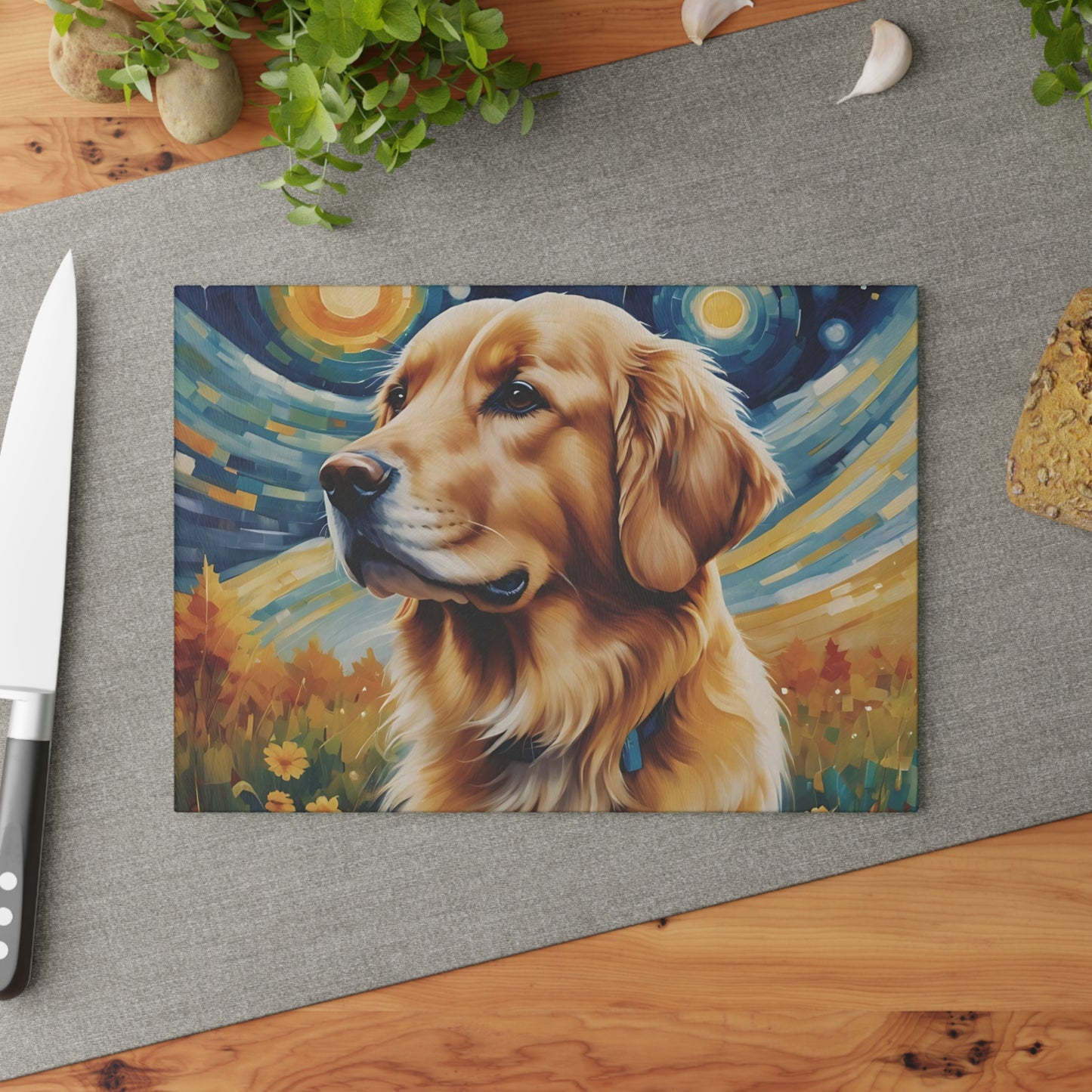 🌌 Golden Retriever Starry Night Cutting Board – Whimsical Art for Dog Lovers 🐕
