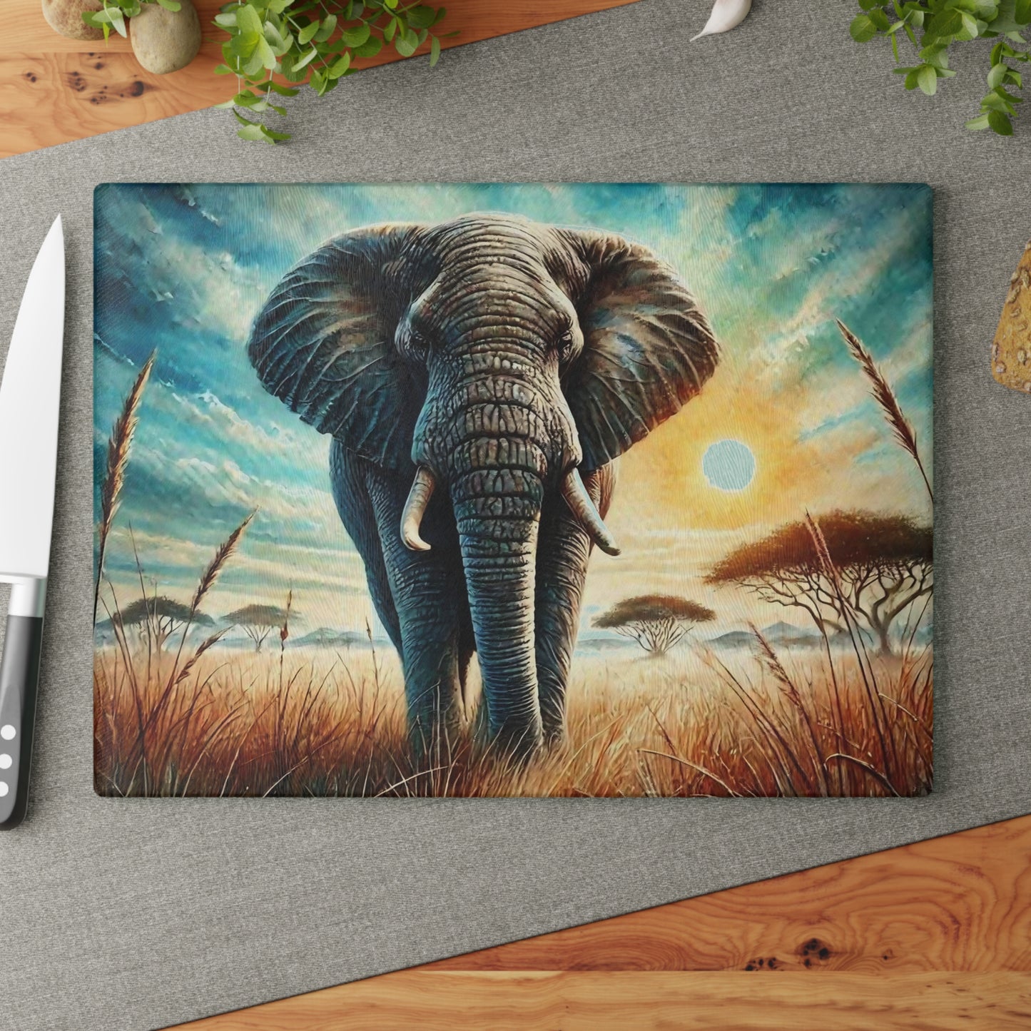 🐘 Majestic Elephant Sunset – Tempered Glass Cutting Board