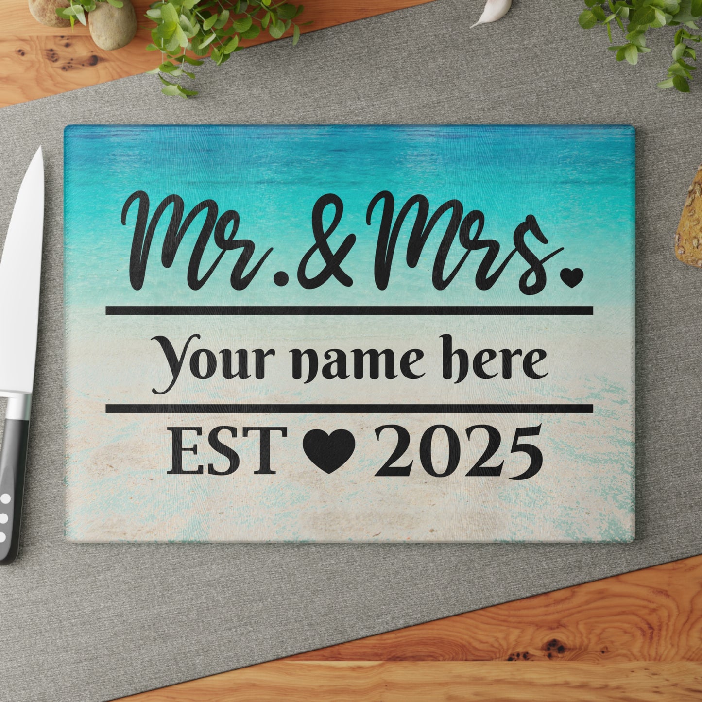 Tabla de cortar turquesa "Sr. y Sra." - Regalo de boda personalizado con nombre y año