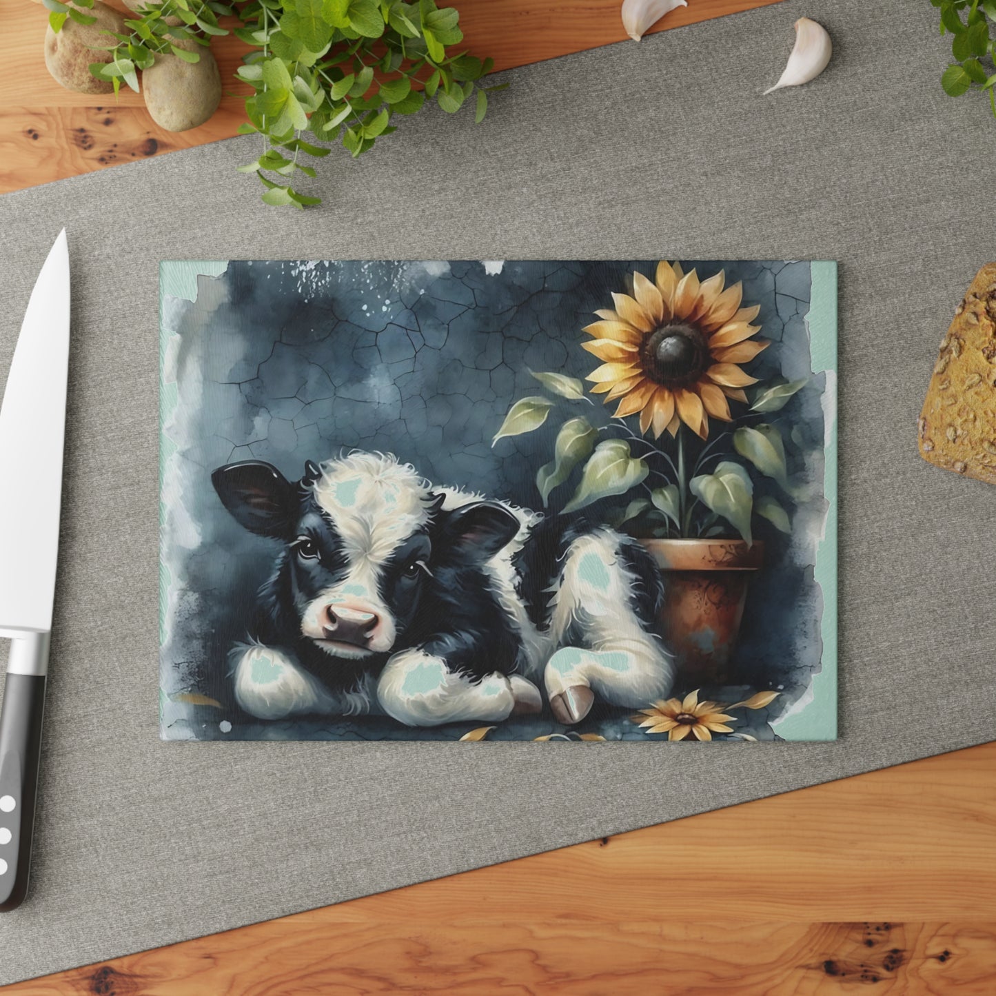 🐄 Sunflower & Baby Cow Cutting Board – Rustic Farmhouse Kitchen Decor