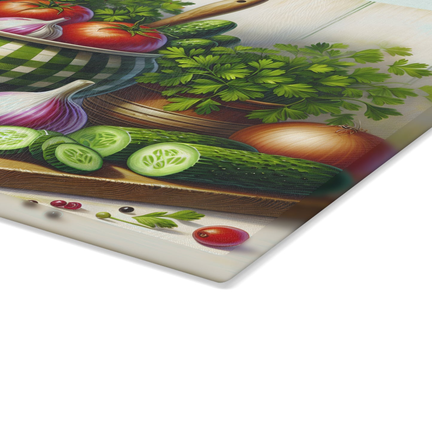Tabla de cortar pepinos y tomates frescos de granja: un encanto campestre para tu cocina