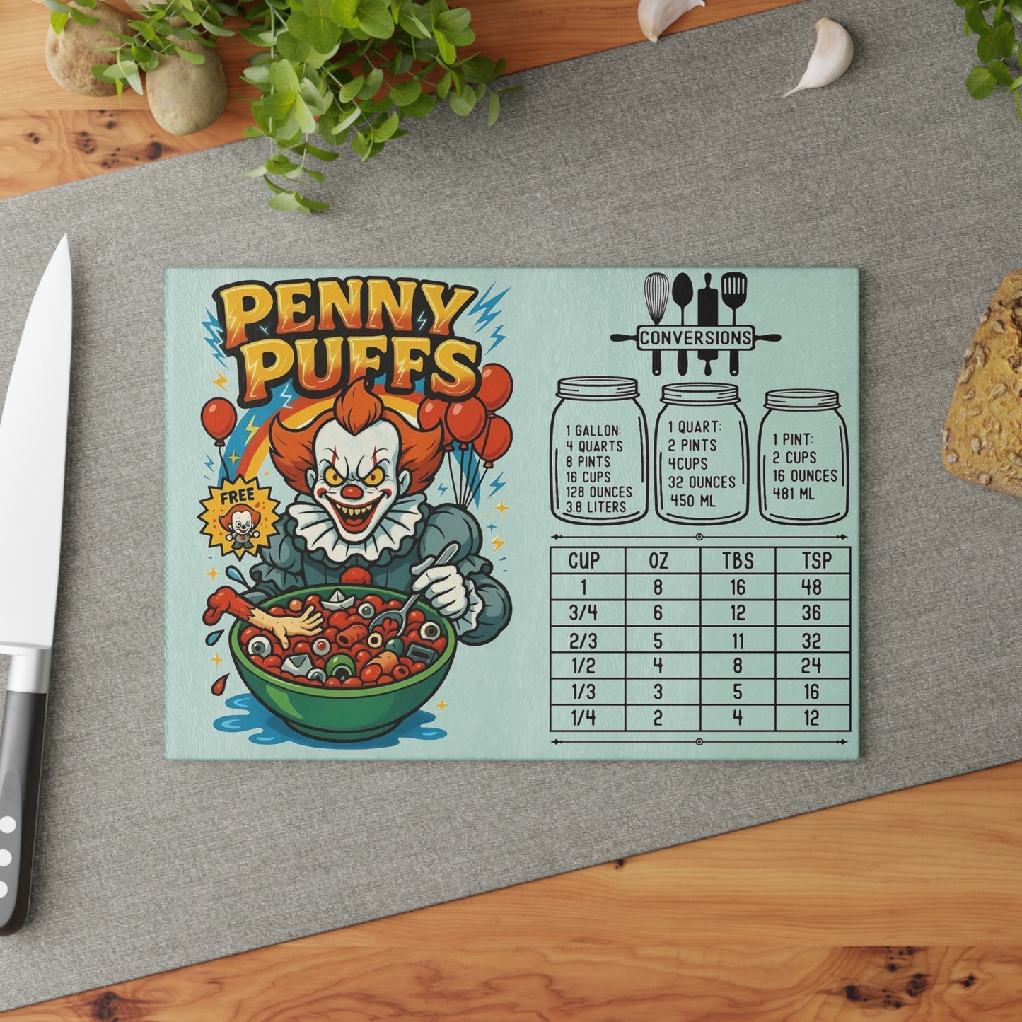 🎈 Penny Puffs Cutting Board – Creepy Clown Crunch for Your Kitchen 🤡🥣