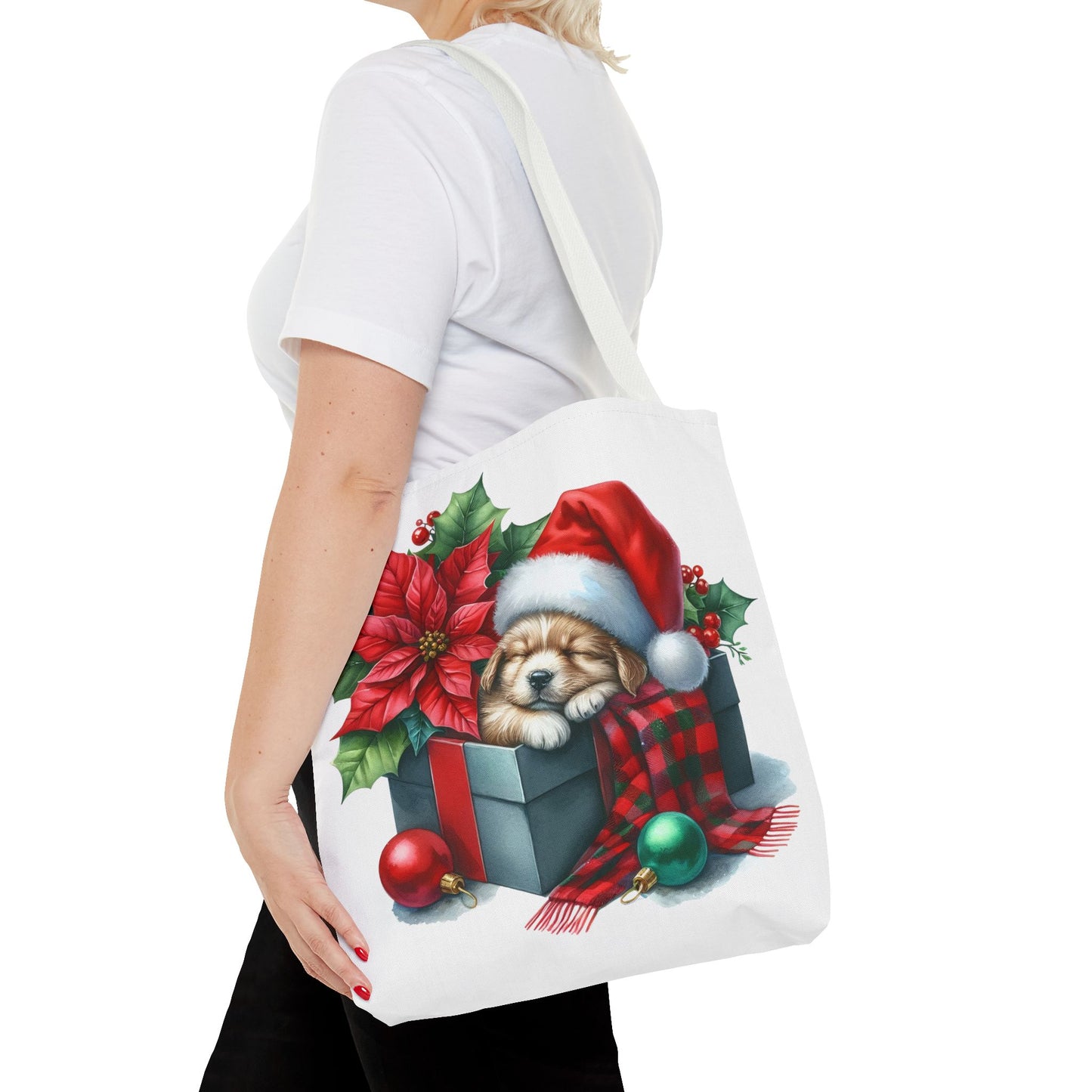 🎁 Sleeping Puppy in Gift Box Christmas Tote – Cozy Holiday Charm for Dog Lovers 🐾