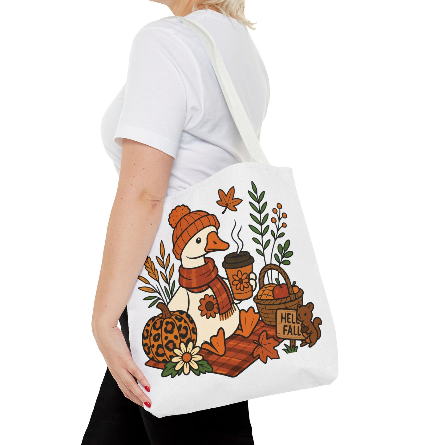 🧣 Hello Fall Cozy Duck Tote Bag – A Quirky Autumn Hug in a Bag 🍂🦆