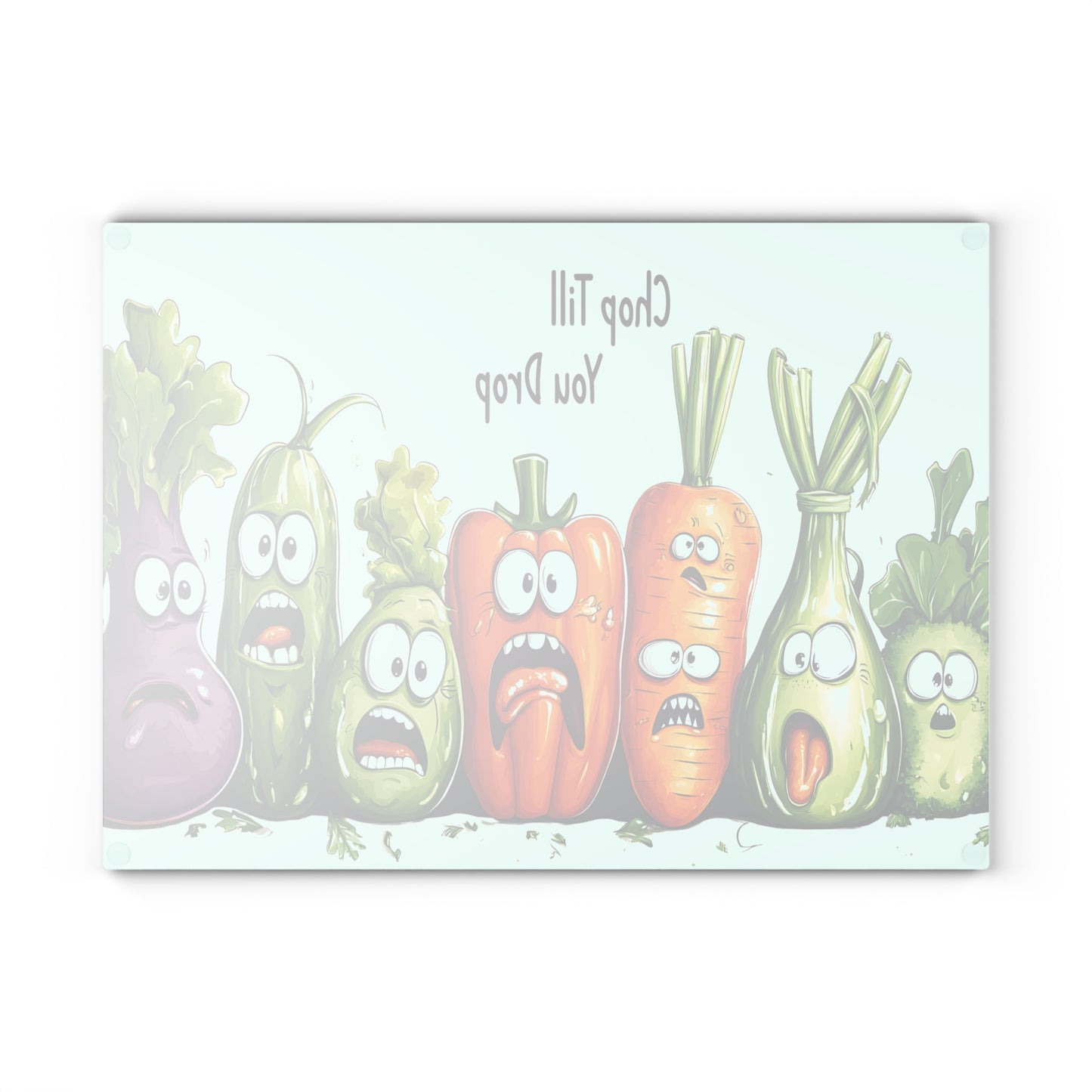 Tabla de cortar de vidrio “Chop Till You Drop” – Verduras que gritan y humor negro de cocina 😱🍅