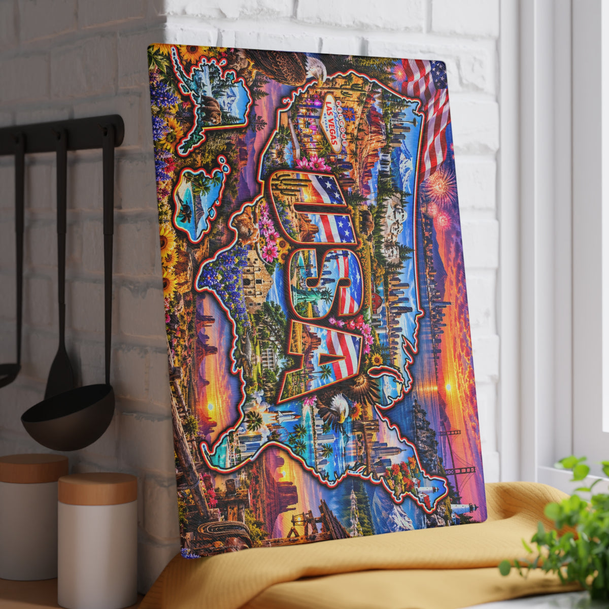 USA Map Cutting Board – Colorful American Landmarks, Patriotic Flag, National Parks & Scenic United States Kitchen Décor