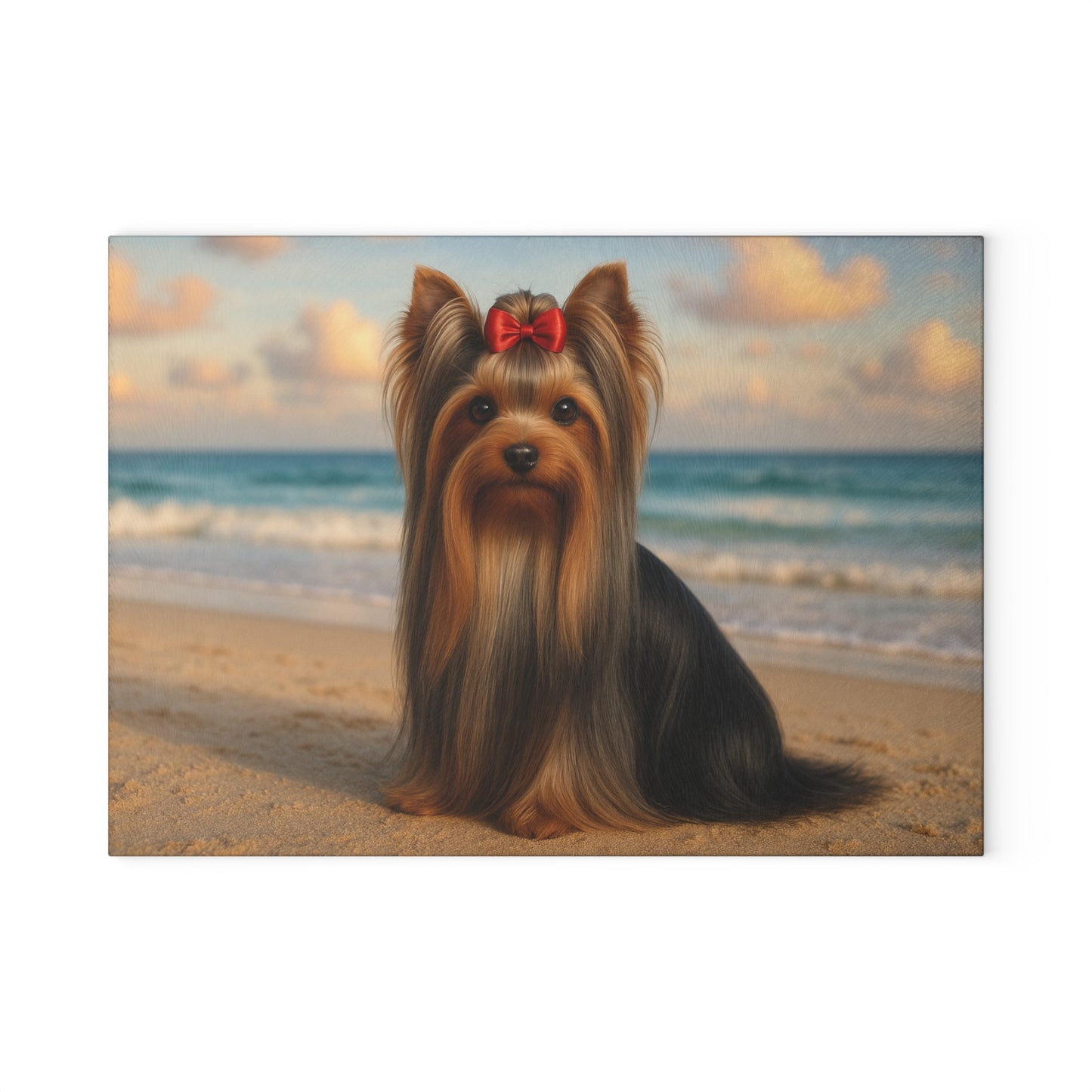 🐾🌊 Yorkie at the Beach Cutting Board – Coastal Glamour for Your Kitchen 🌴