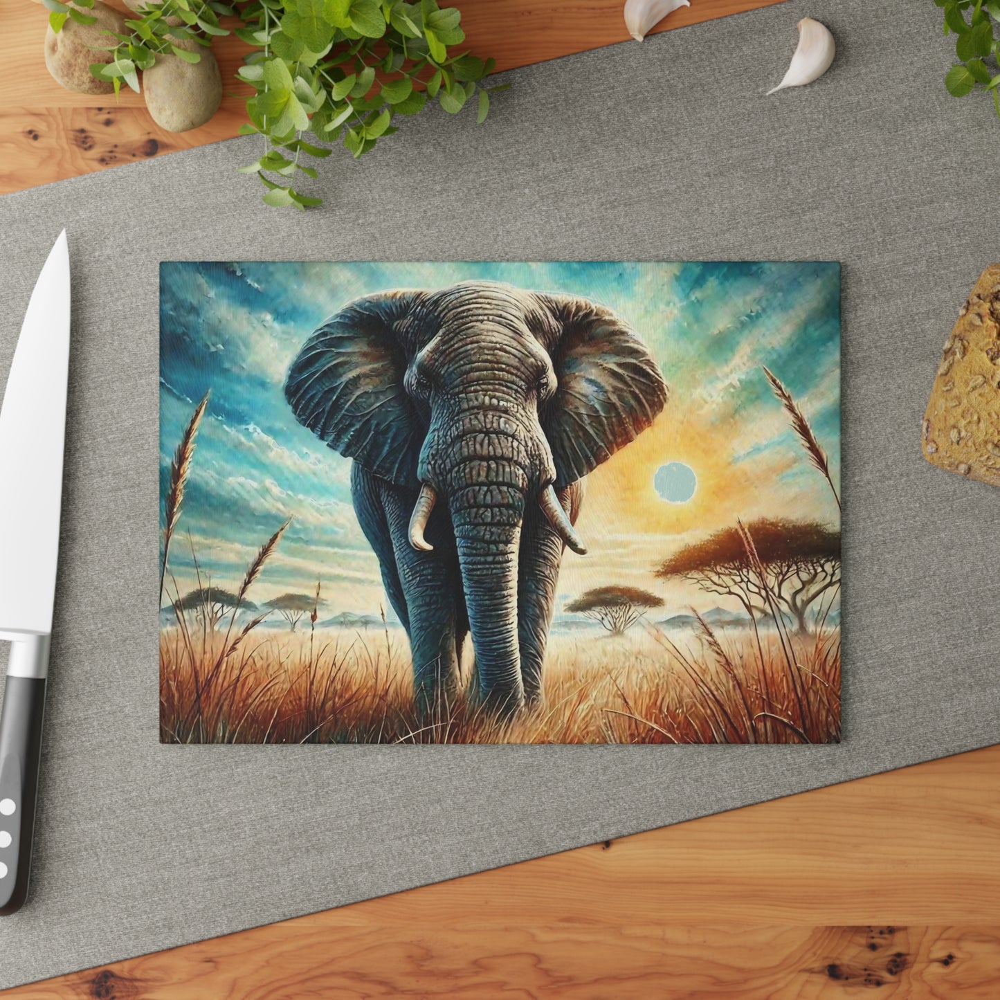 🐘 Majestic Elephant Sunset – Tempered Glass Cutting Board
