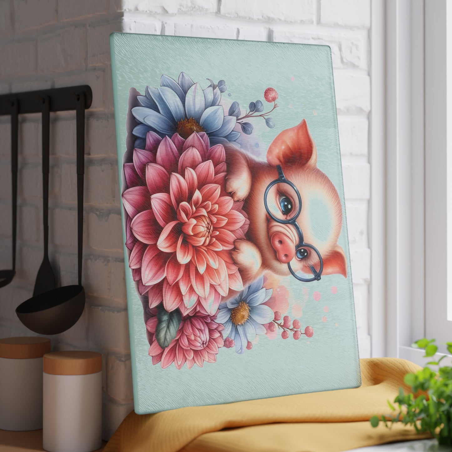 🐷🌸 Smart Piglet with Flowers Cutting Board – Adorable Farmhouse Charm for Your Kitchen 🌸🐷