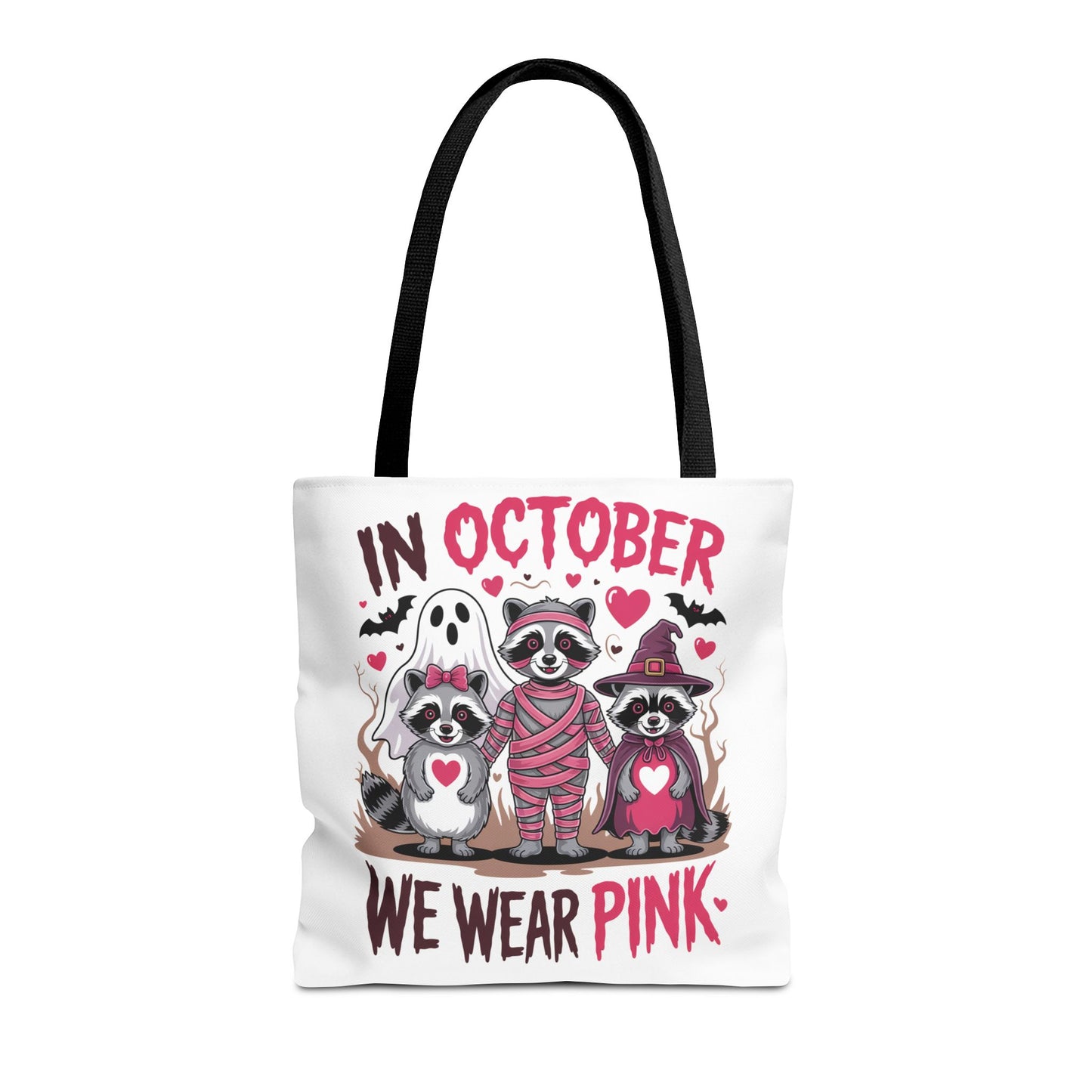 🎀 In October We Wear Pink Raccoon Halloween Tote Bag – Spooky Cute Awareness Style 🦝👜