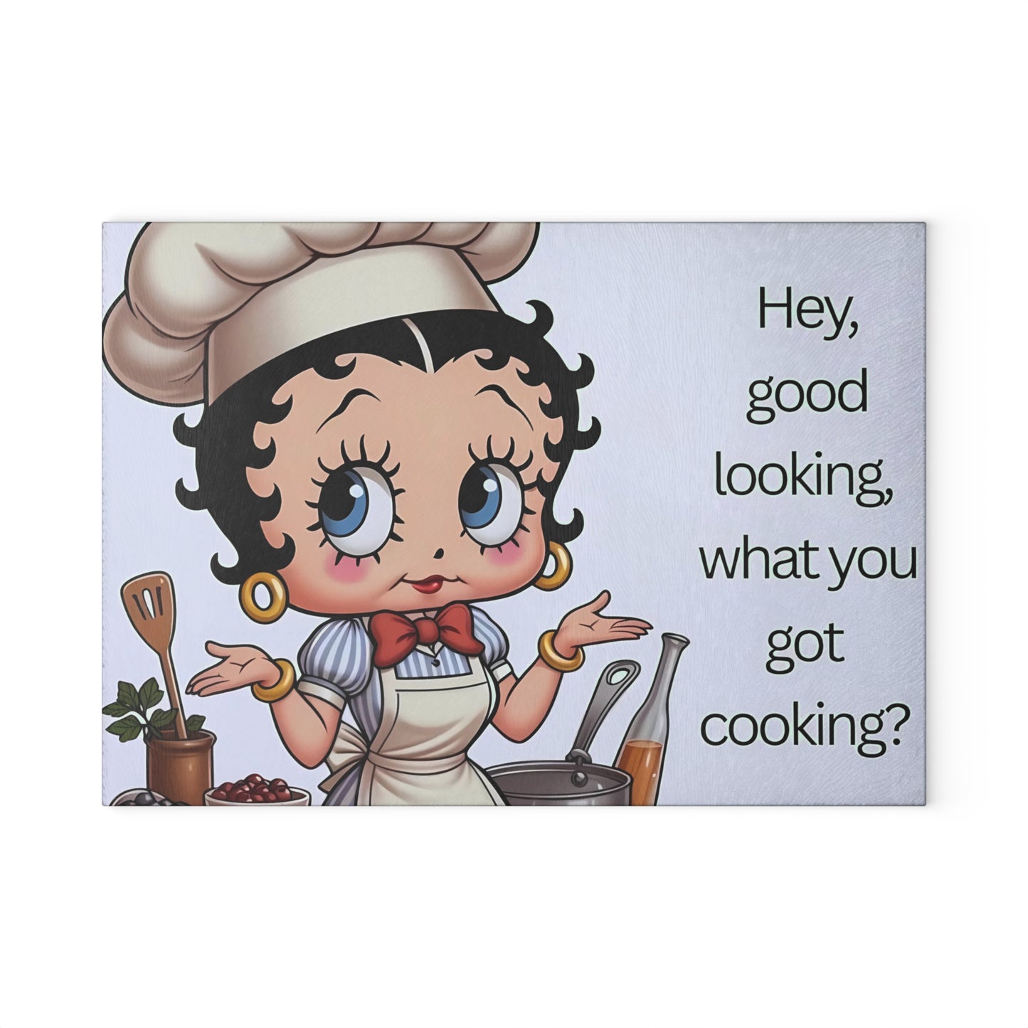 👩🍳 Retro Chef Girl Glass Cutting Board – “Hey Good Looking, What You Got Cooking?”