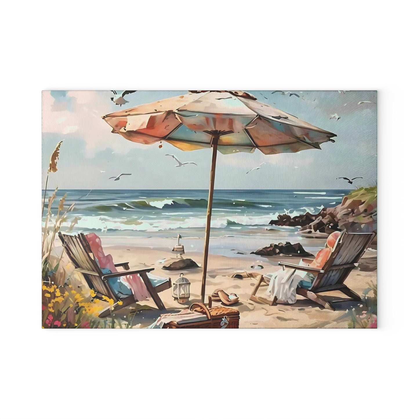 Beach Cutting Board, Coastal Decor, Ocean Art, Beach Gift, Glass Cutting Board, Tropical Kitchen Decor, Hand-Painted Look, Beach Scene