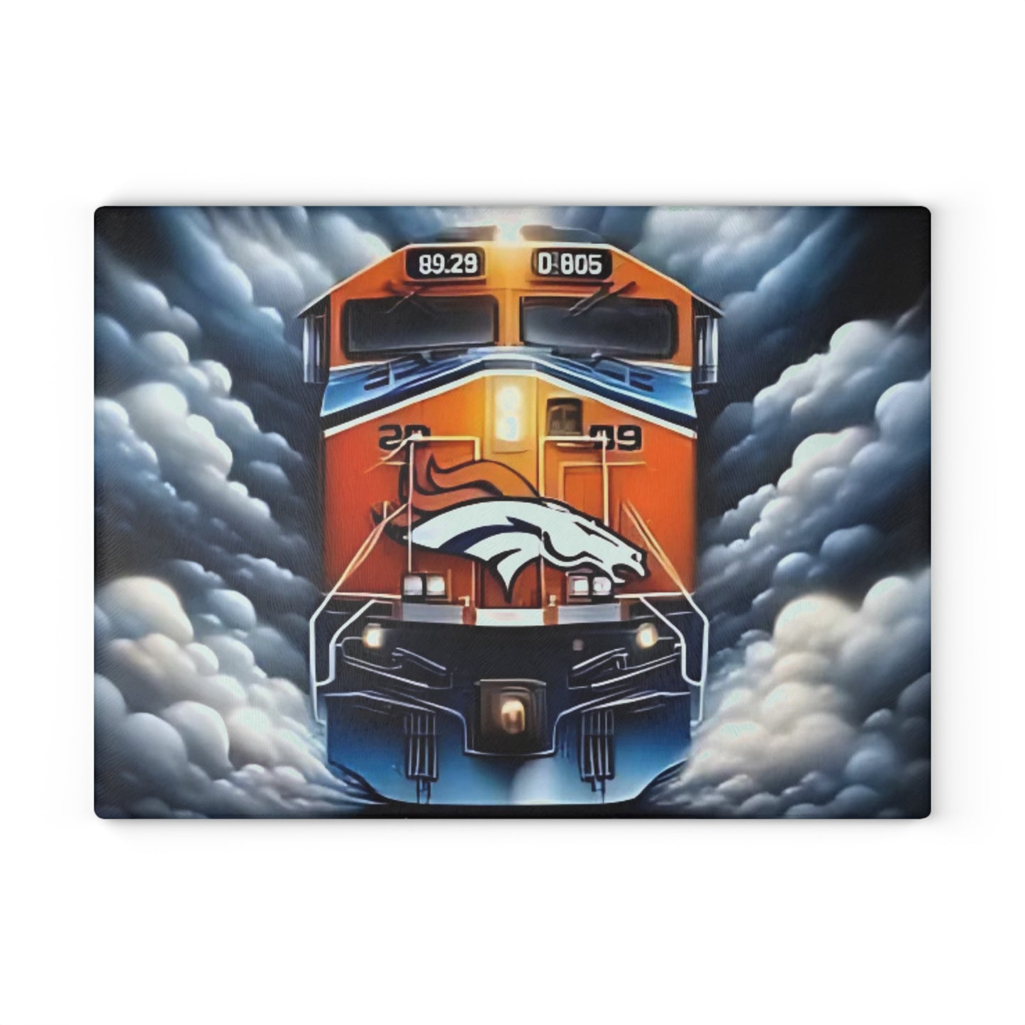 Tabla de cortar de vidrio Express azul y naranja: arte dinámico con trenes para cocinas dinámicas y audaces