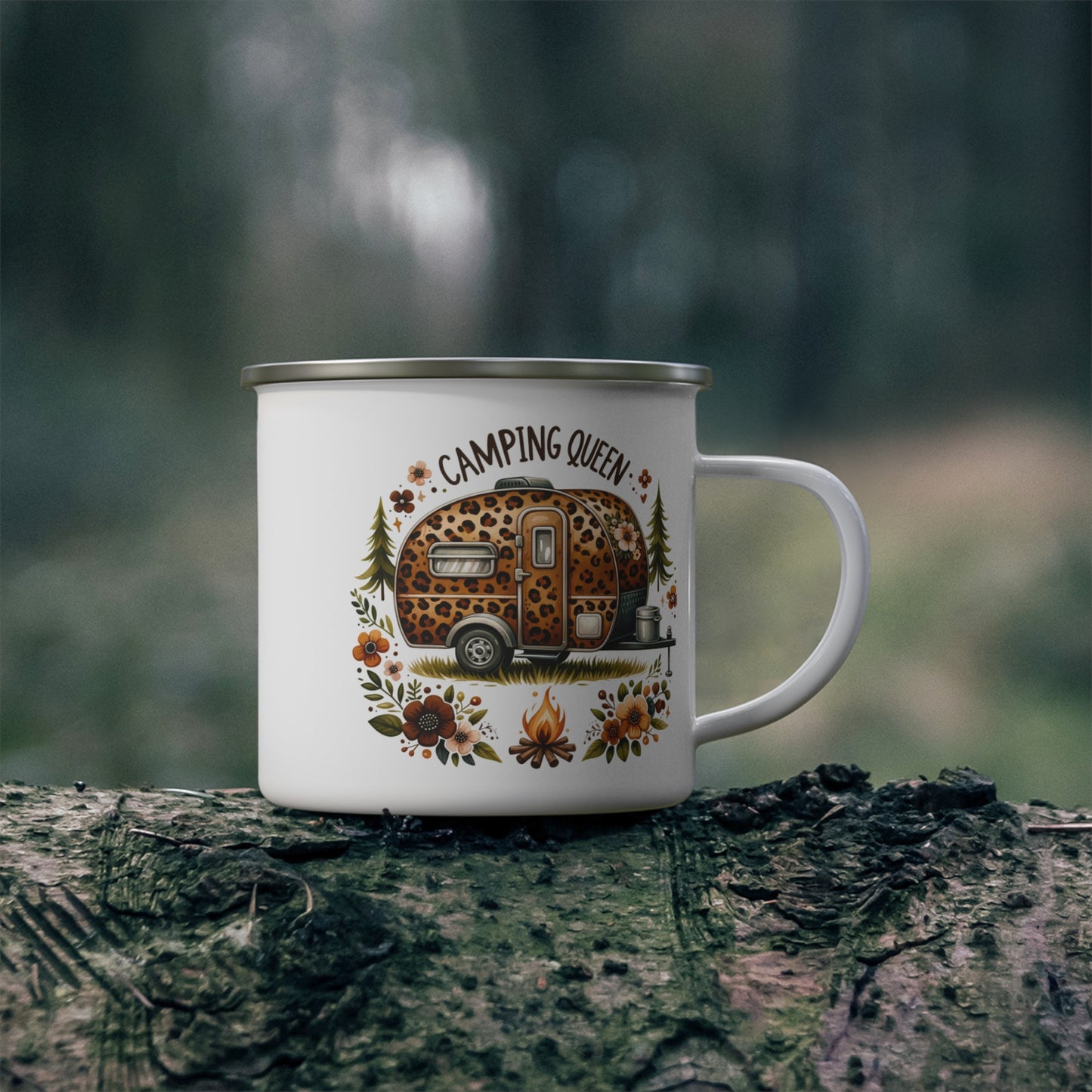 Taza elegante de esmalte para acampar: perfecta para amantes de la naturaleza, amantes de las actividades al aire libre y reuniones alrededor de fogatas. Regalo de camping, taza de camping, decoración bohemia, reina del camping.