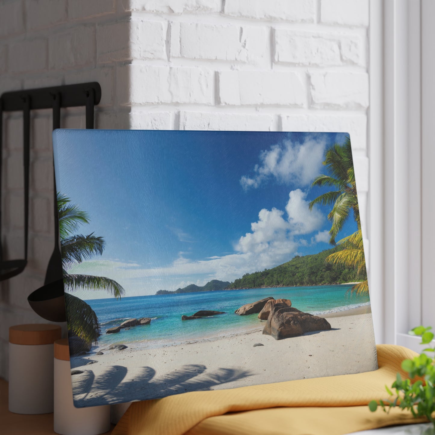 Tabla de cortar de vidrio con diseño de playa y palmeras – Decoración de cocina costera