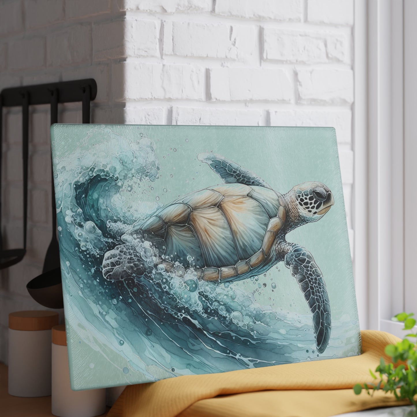 Tabla de cortar Ocean Rider con diseño de tortuga marina: elegancia costera y serena para tu cocina