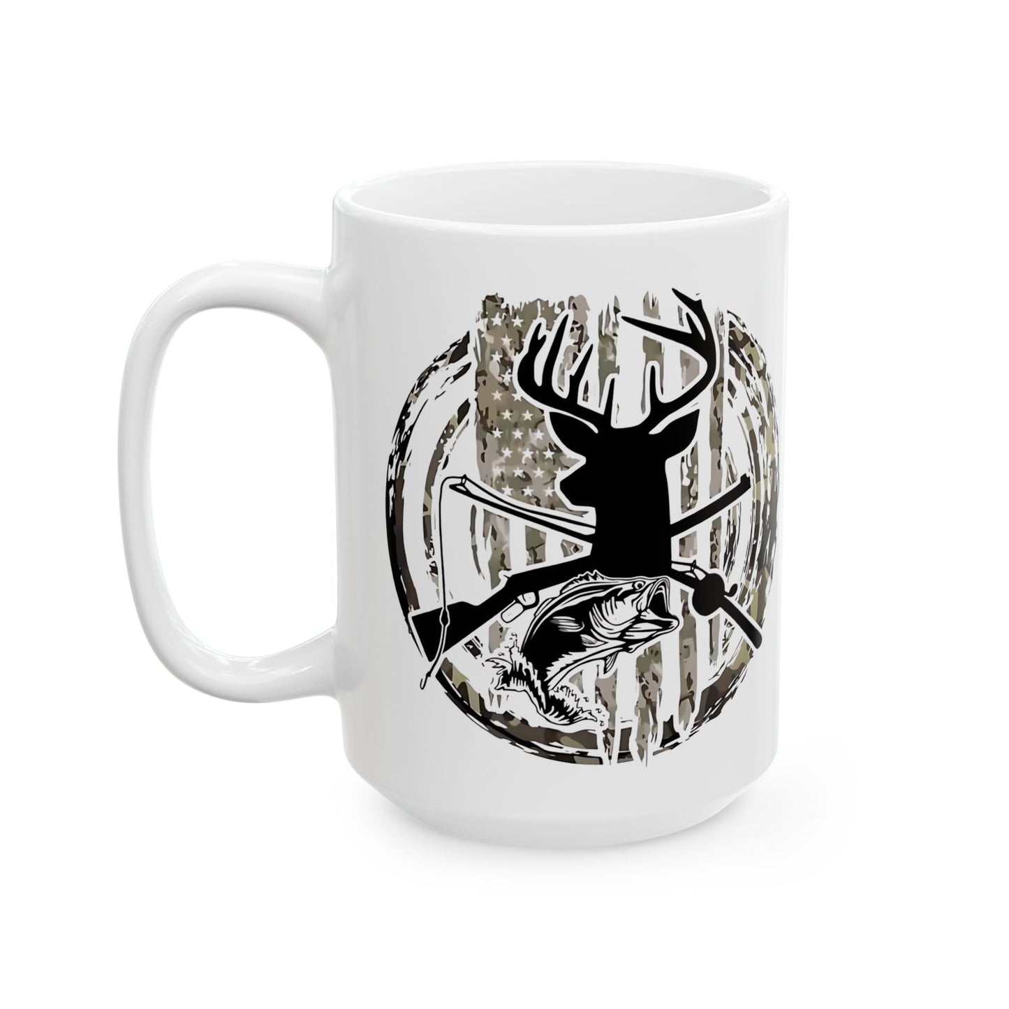 🦌🎣 TORN CAMO FLAG – Buck, Bass, Rifle & Fishing Rod Mug USA🔥