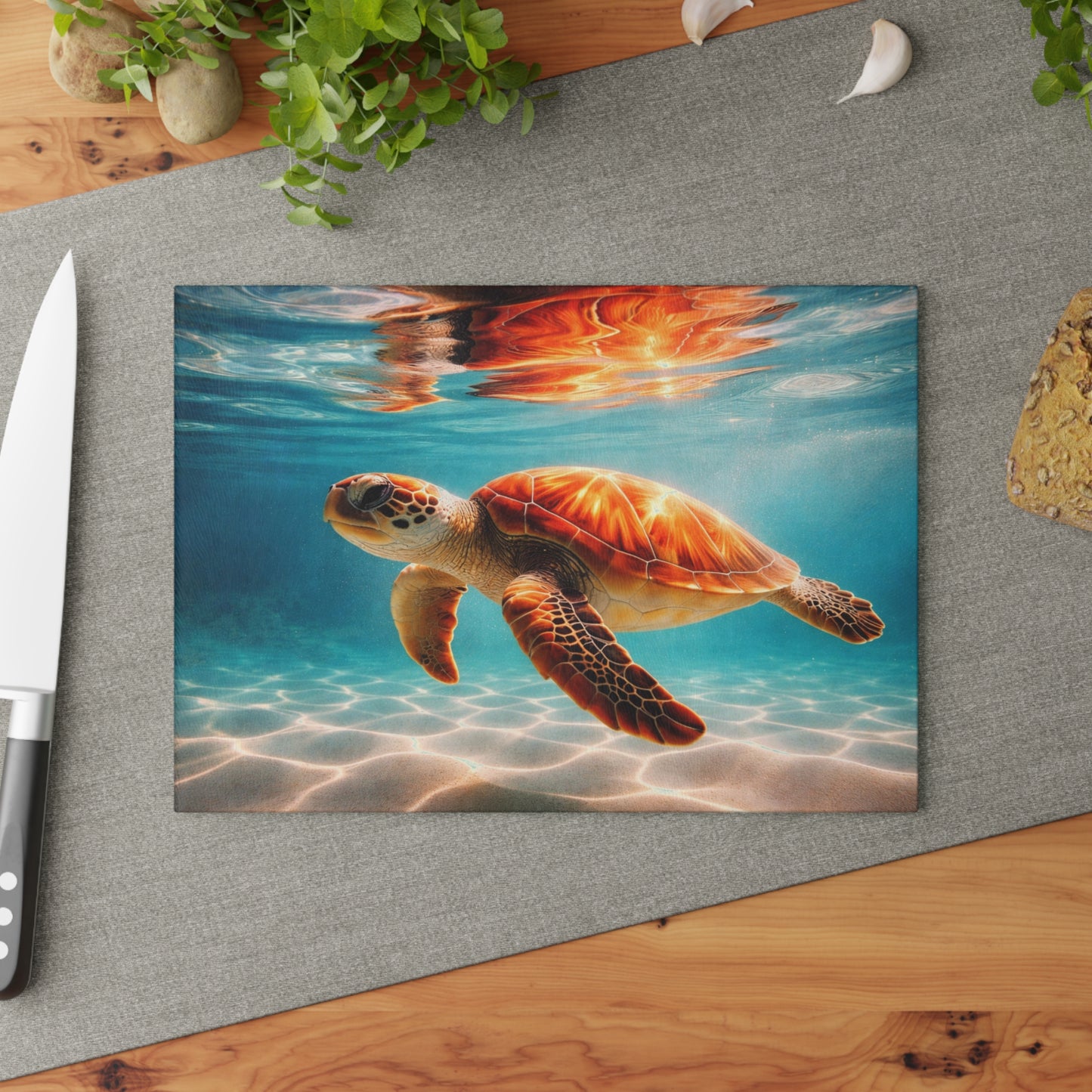 Grace of the Sea Glass Cutting Board – Serene Sea Turtle Ocean Artwork