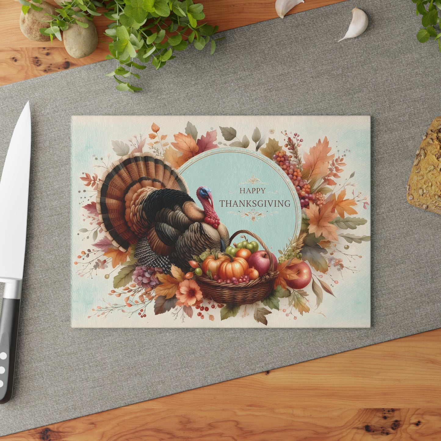 🦃🍁 “Happy Thanksgiving” Turkey & Harvest Basket Glass Cutting Board – Elegant Fall Décor ✨🌾