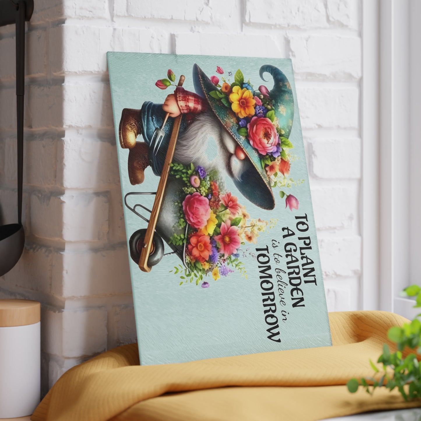 🌸🧙♂️ Garden Gnome Floral Cutting Board – Whimsical Kitchen Décor with Inspirational Quote 🌿✨