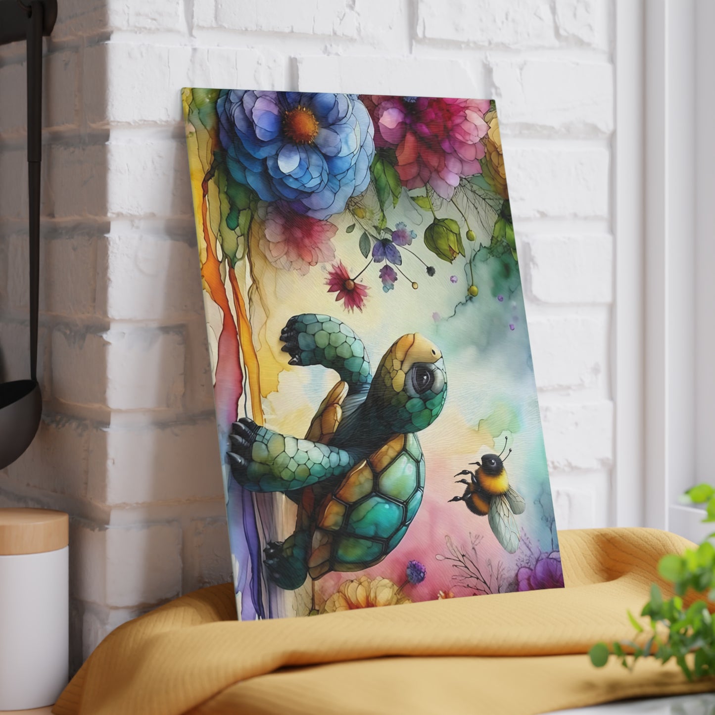 Tortoise & Bee Glass Cutting Board – Floral Wildlife Kitchen Decor
