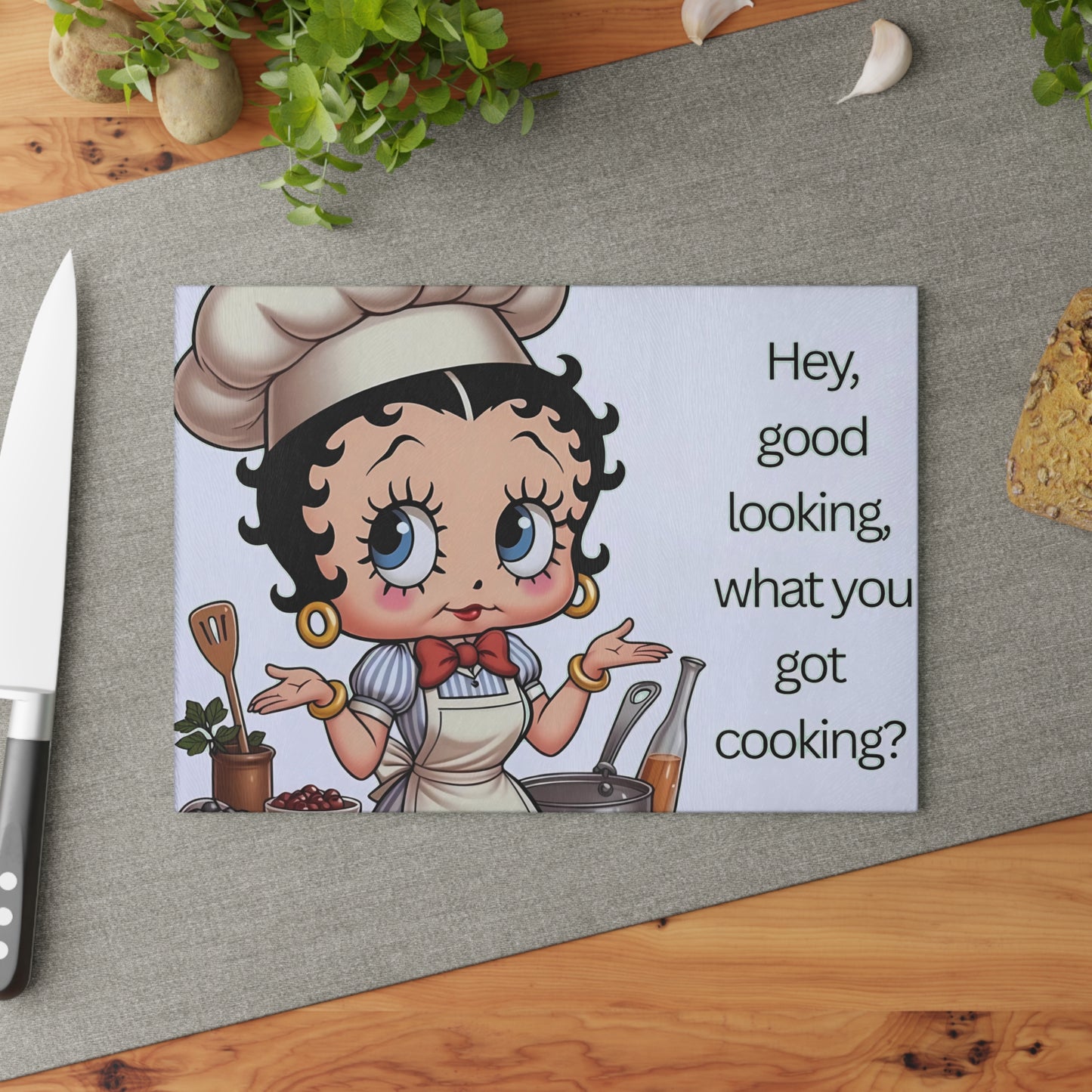 👩🍳 Retro Chef Girl Glass Cutting Board – “Hey Good Looking, What You Got Cooking?”