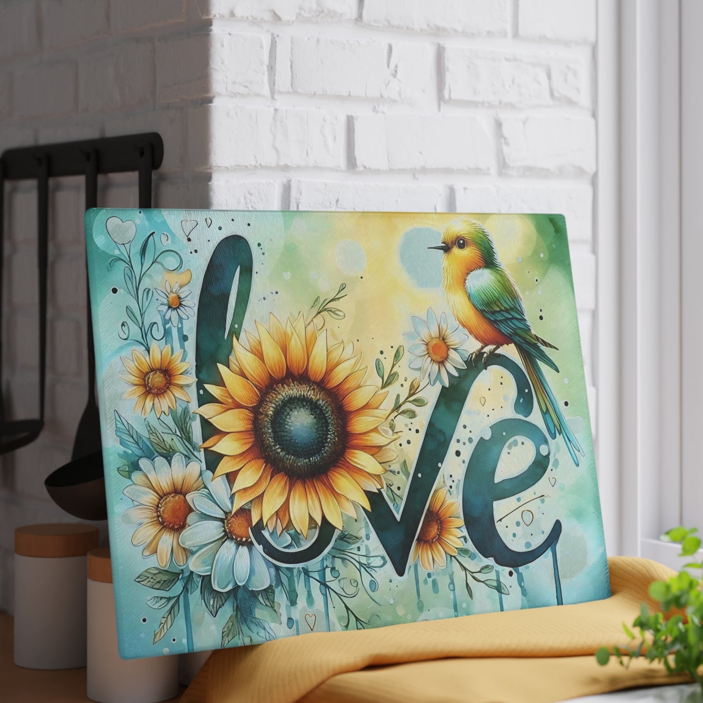 Tabla de cortar Love con diseño de pájaro y girasol