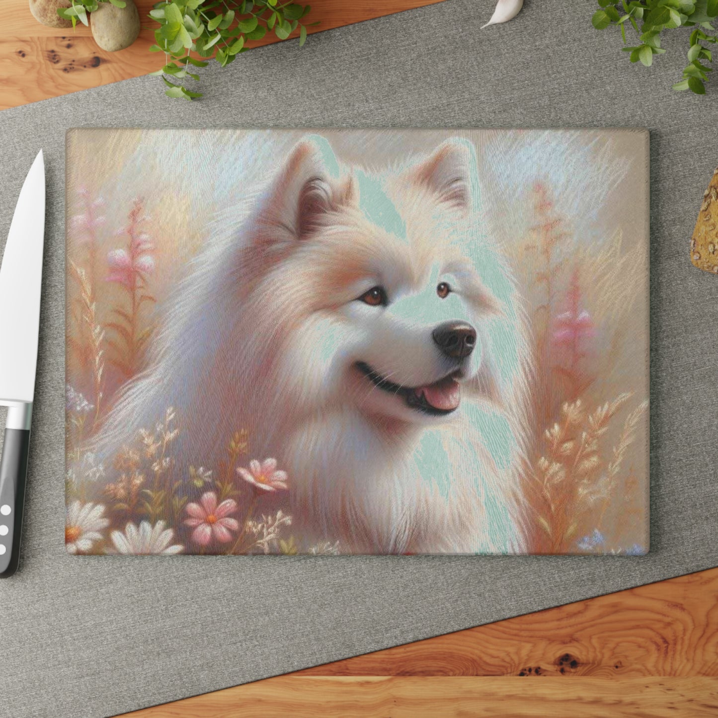 🐶 Samoyed Meadow Bloom Cutting Board – Fluffy White Charm for Your Kitchen 🌸
