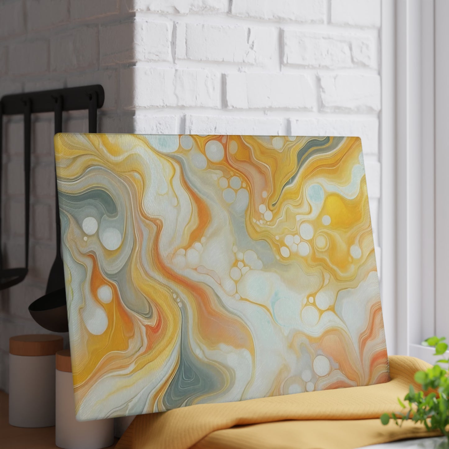 Tabla de cortar de vidrio templado con efecto mármol amarillo, gris y naranja: elegante decoración de cocina con aspecto de mármol, ideal para regalar y funcional.