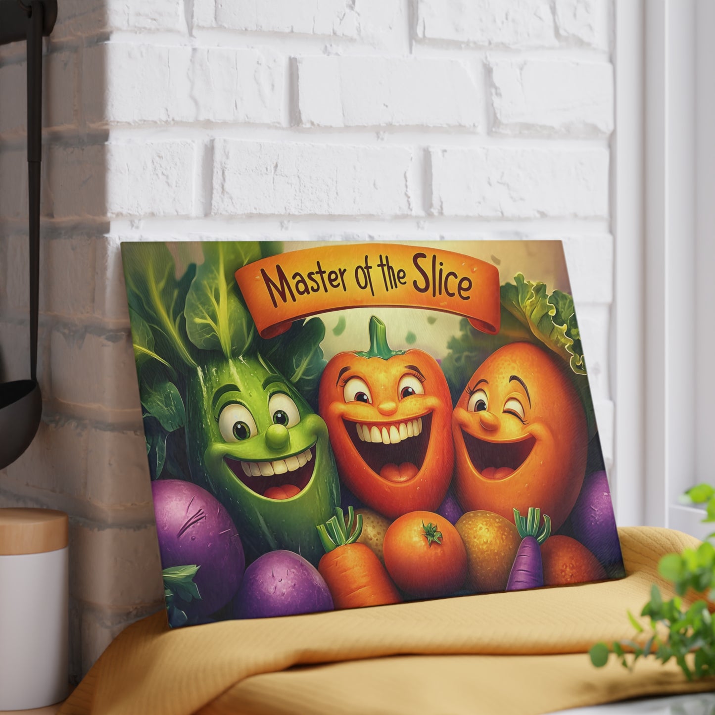 Tabla de cortar de vidrio “Maestra del Corte” – Humor de cocina de verduras que ríen 😄🍅