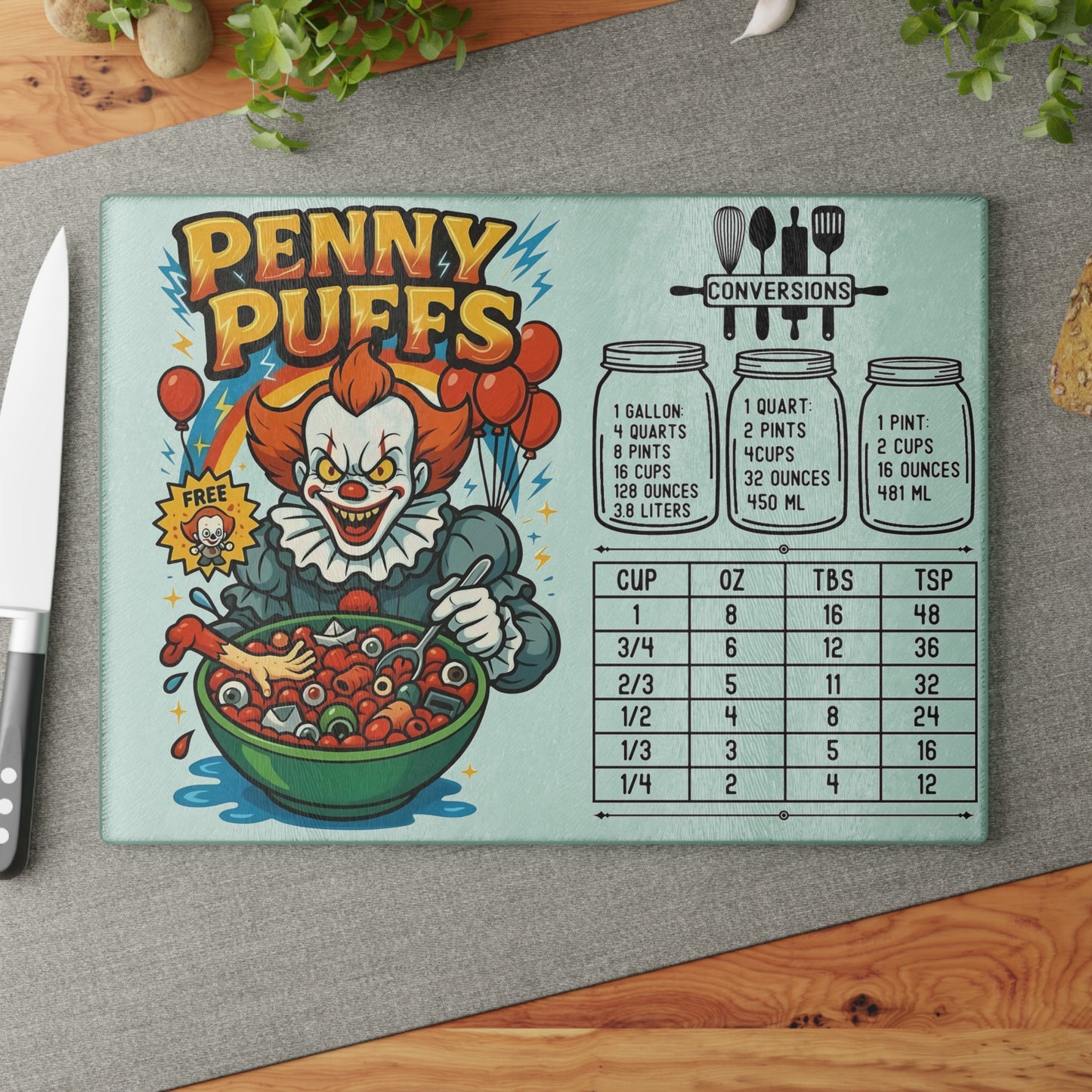 🎈 Penny Puffs Cutting Board – Creepy Clown Crunch for Your Kitchen 🤡🥣