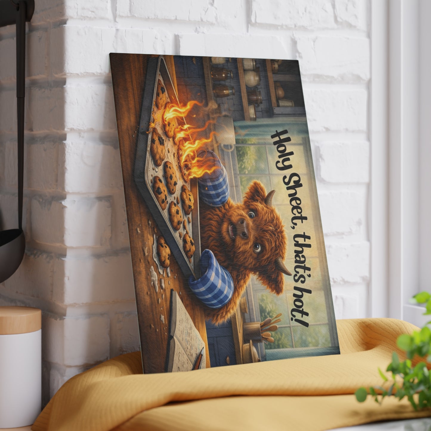Holy Sheet, That’s Hot! Glass Cutting Board – Funny Highland Cow Baking Art