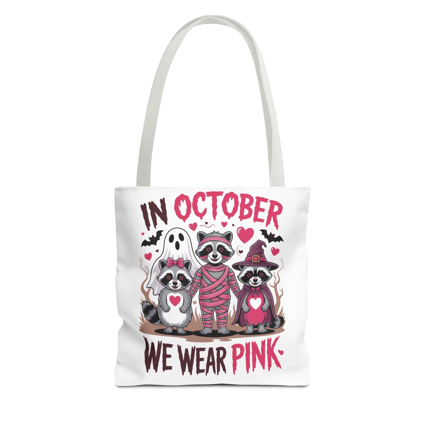 🎀 In October We Wear Pink Raccoon Halloween Tote Bag – Spooky Cute Awareness Style 🦝👜