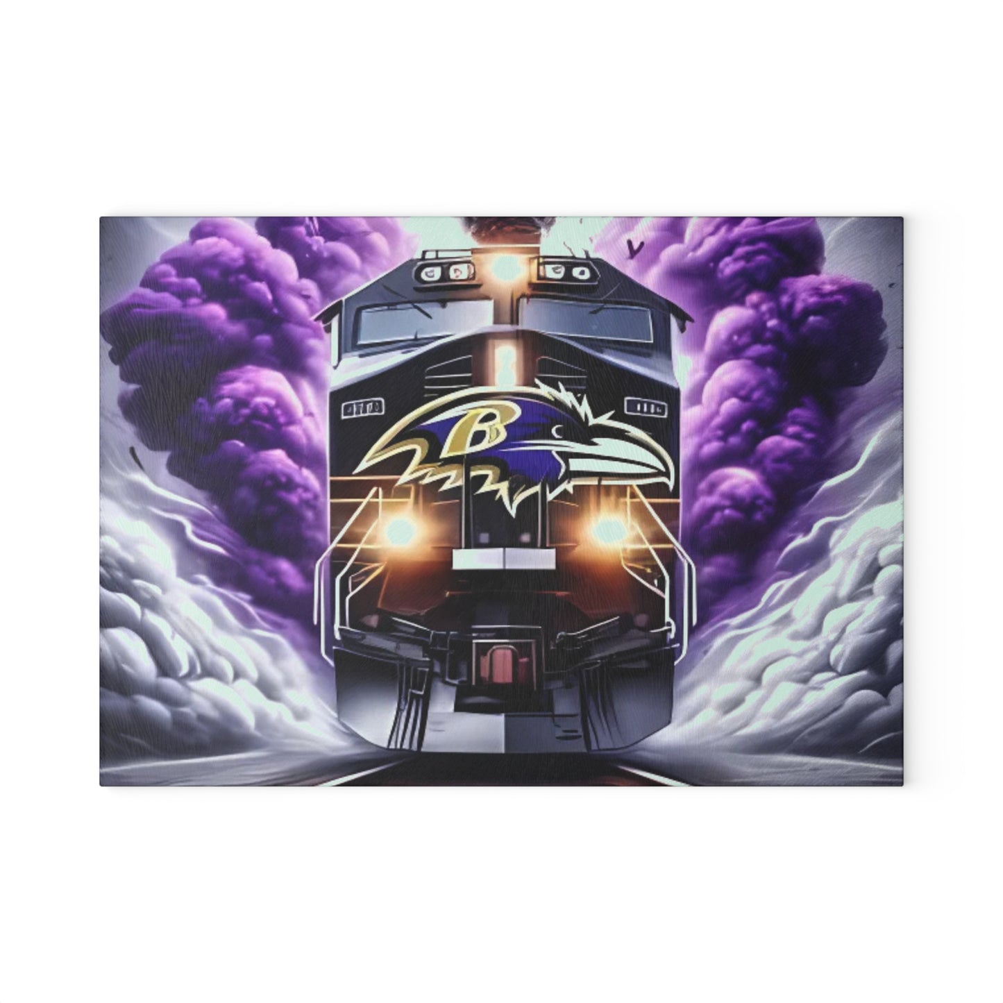 Tabla de cortar de vidrio Express morado y negro: un arte de tren feroz para cocinas elegantes y audaces